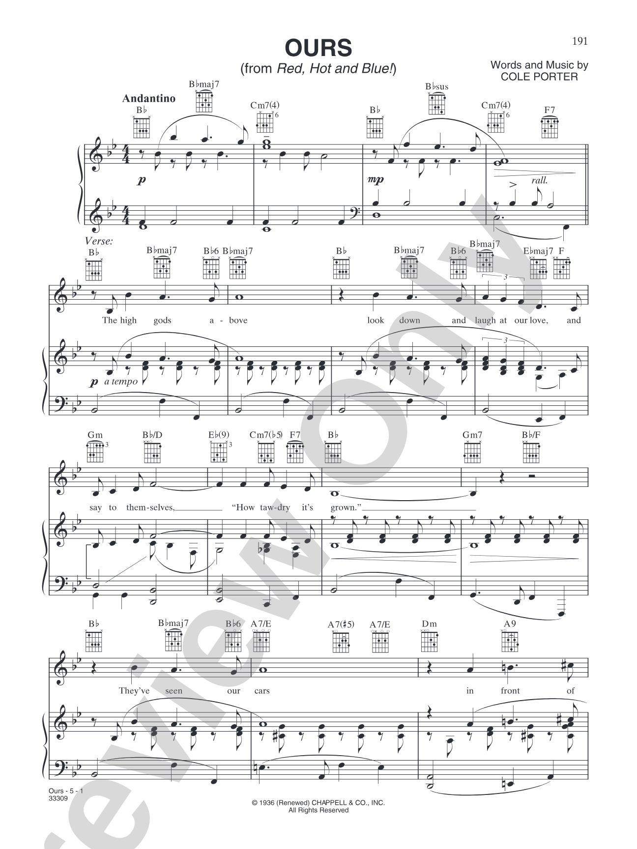 Ours (from "Red, Hot and Blue!"): Piano/Vocal/Chords