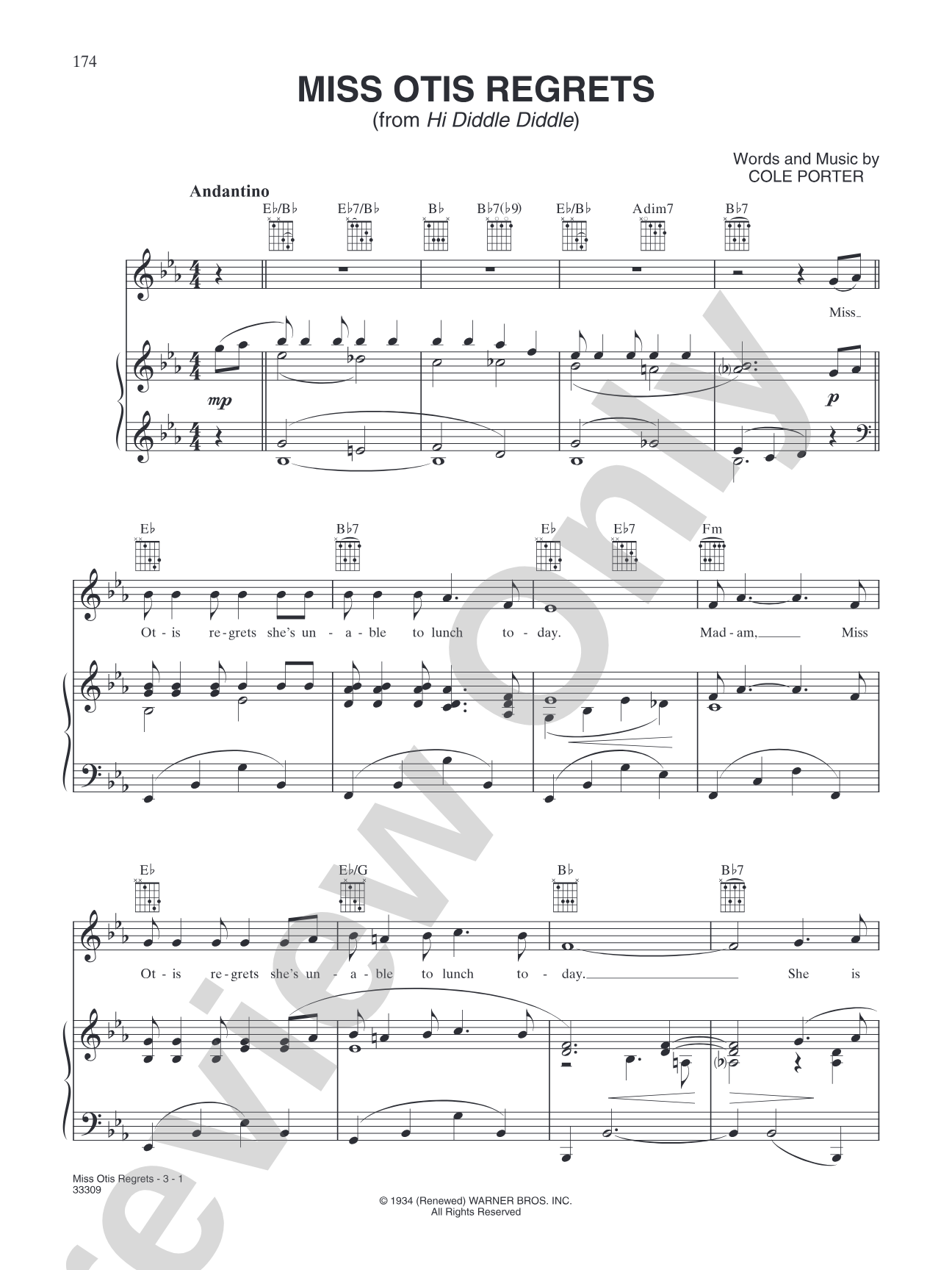 Miss Otis Regrets (from "Hi Diddle Diddle"): Piano/Vocal/Chords