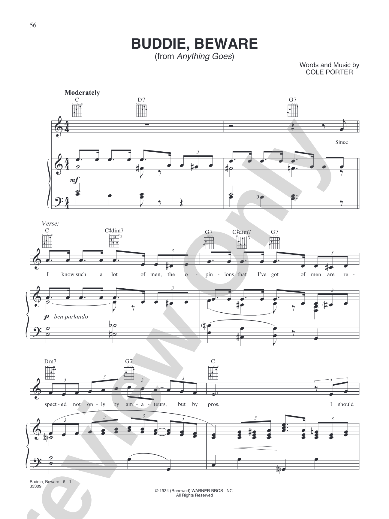 Buddie, Beware (from "Anything Goes"): Piano/Vocal/Chords