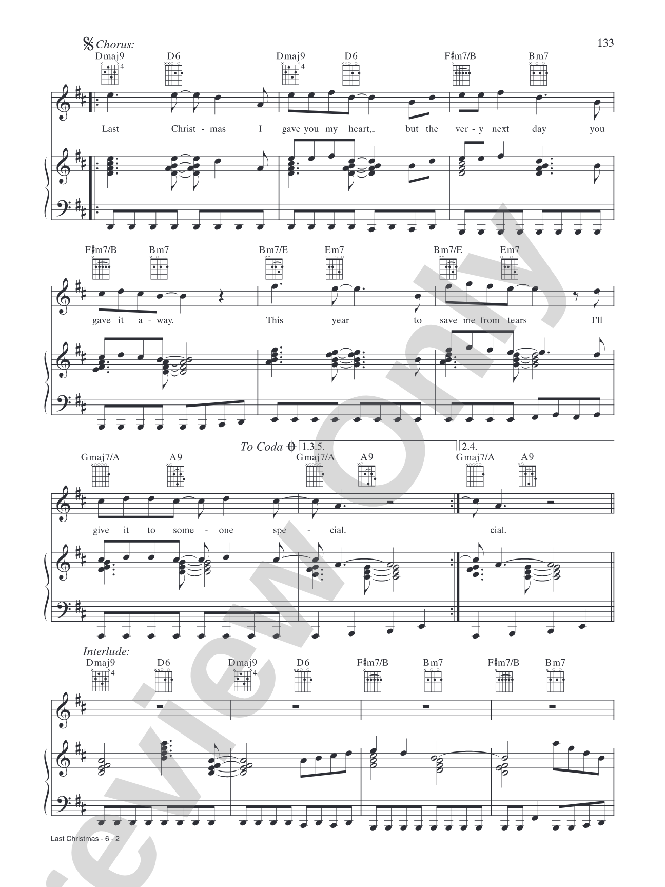 Last Christmas: Piano/Vocal/Chords