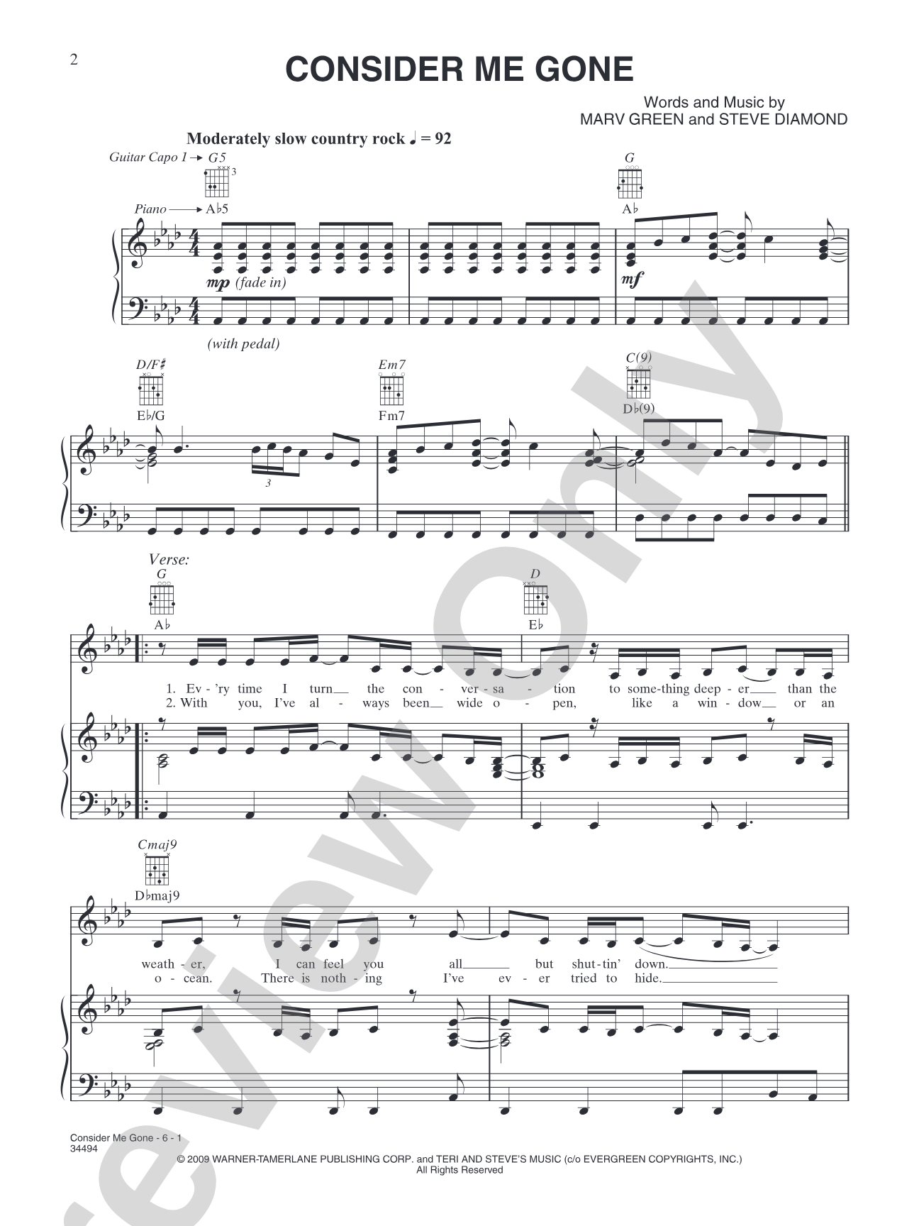 Consider Me Gone: Piano/Vocal/Chords