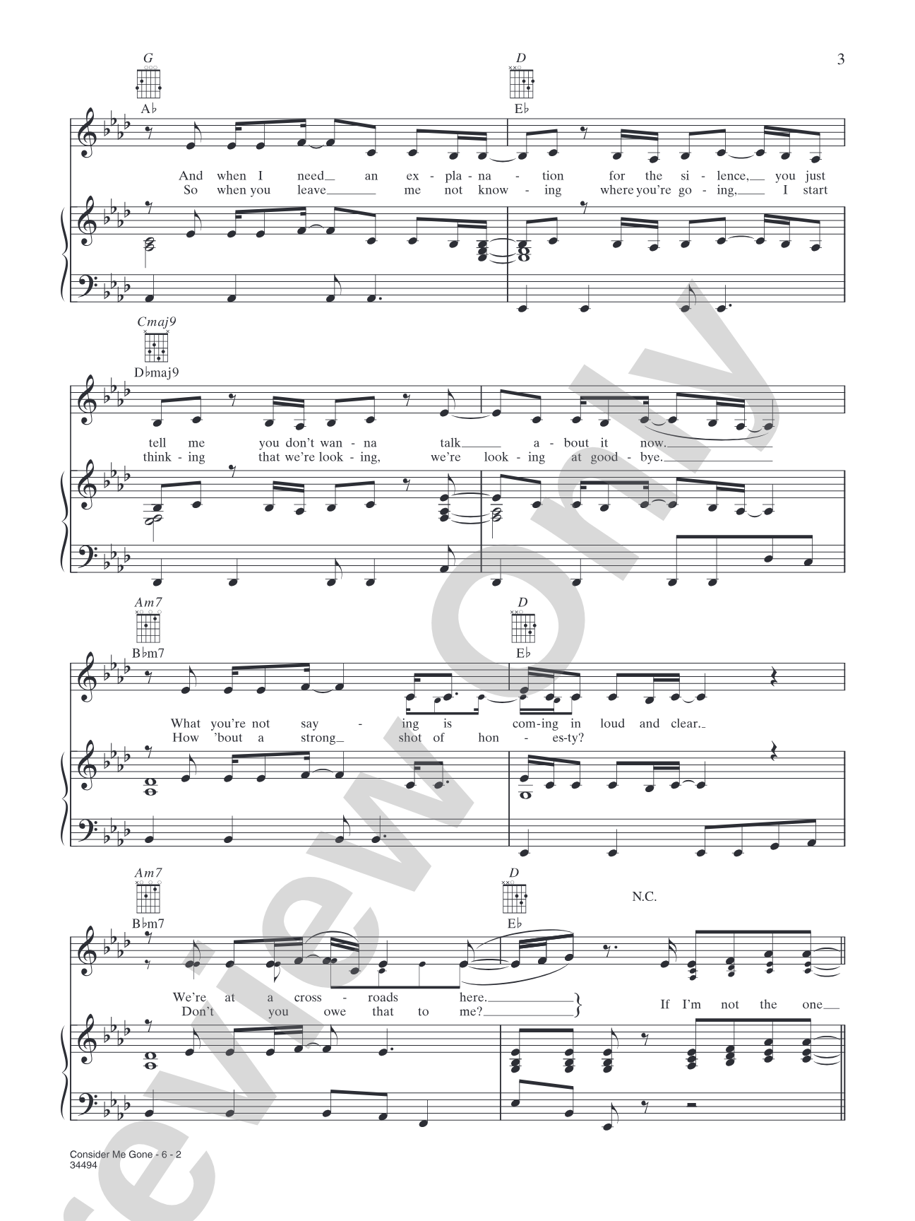 Consider Me Gone: Piano/Vocal/Chords