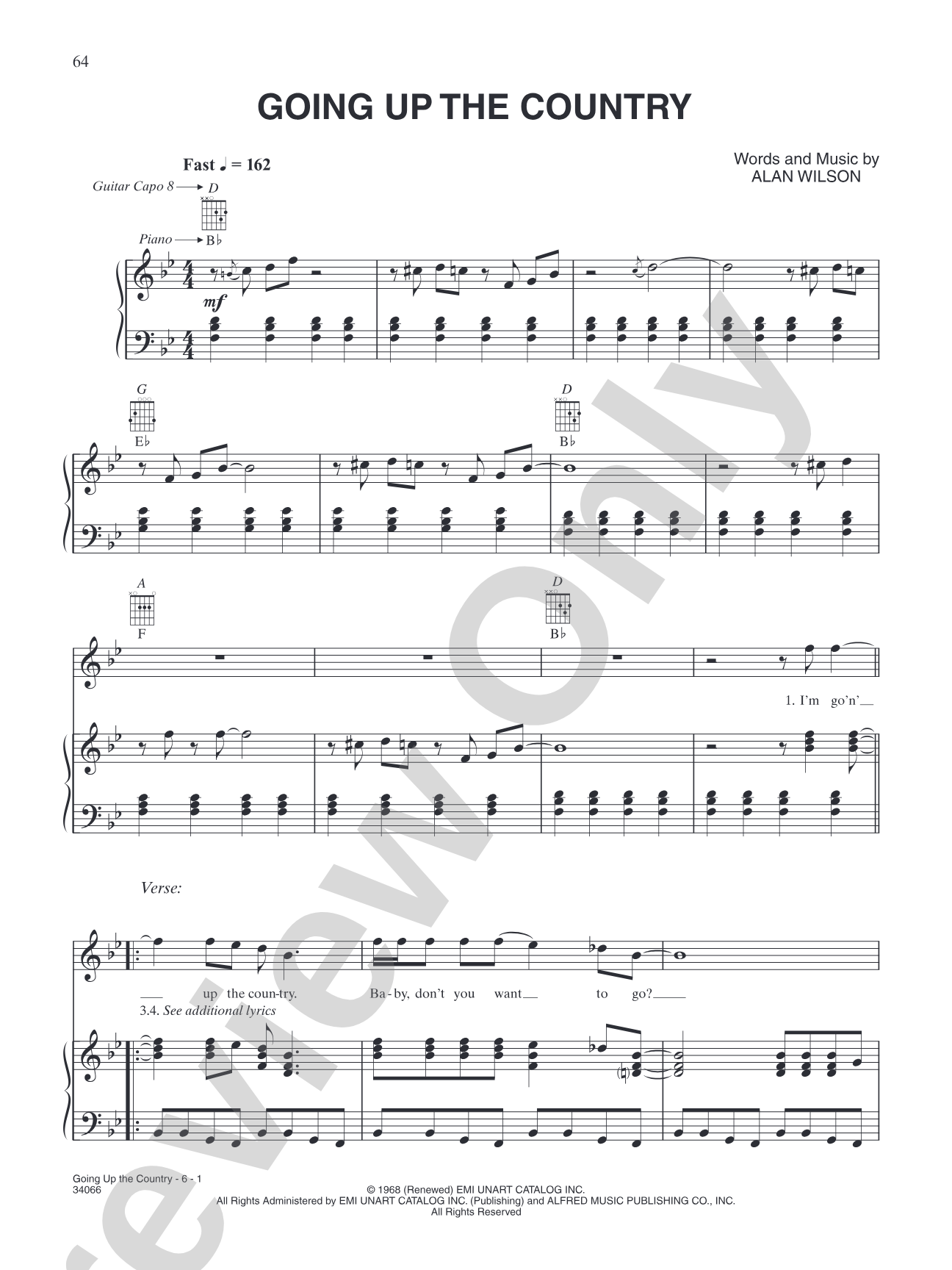 Going Up the Country: Piano/Vocal/Chords