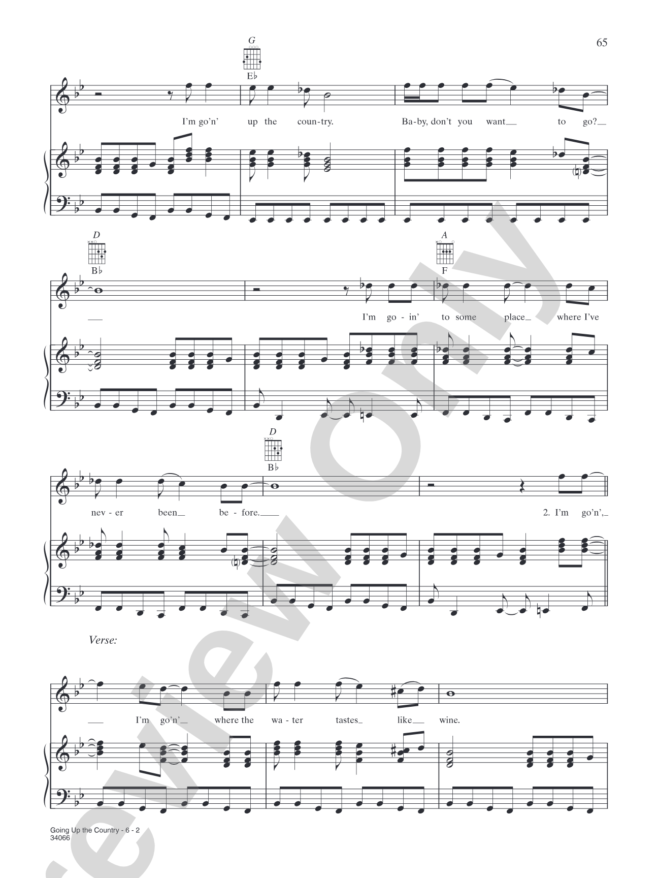 Going Up the Country: Piano/Vocal/Chords