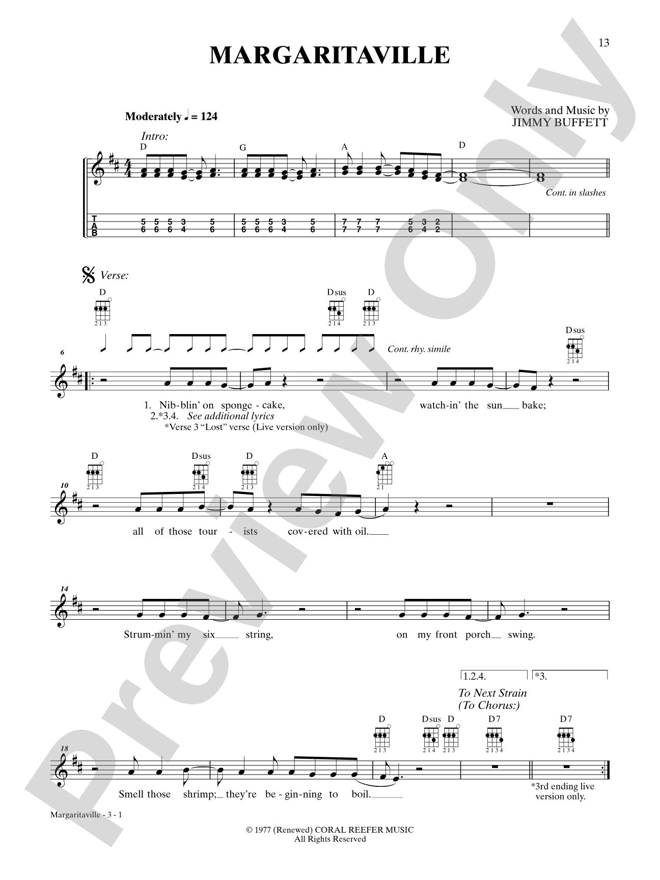 Margaritaville: Ukulele TAB
