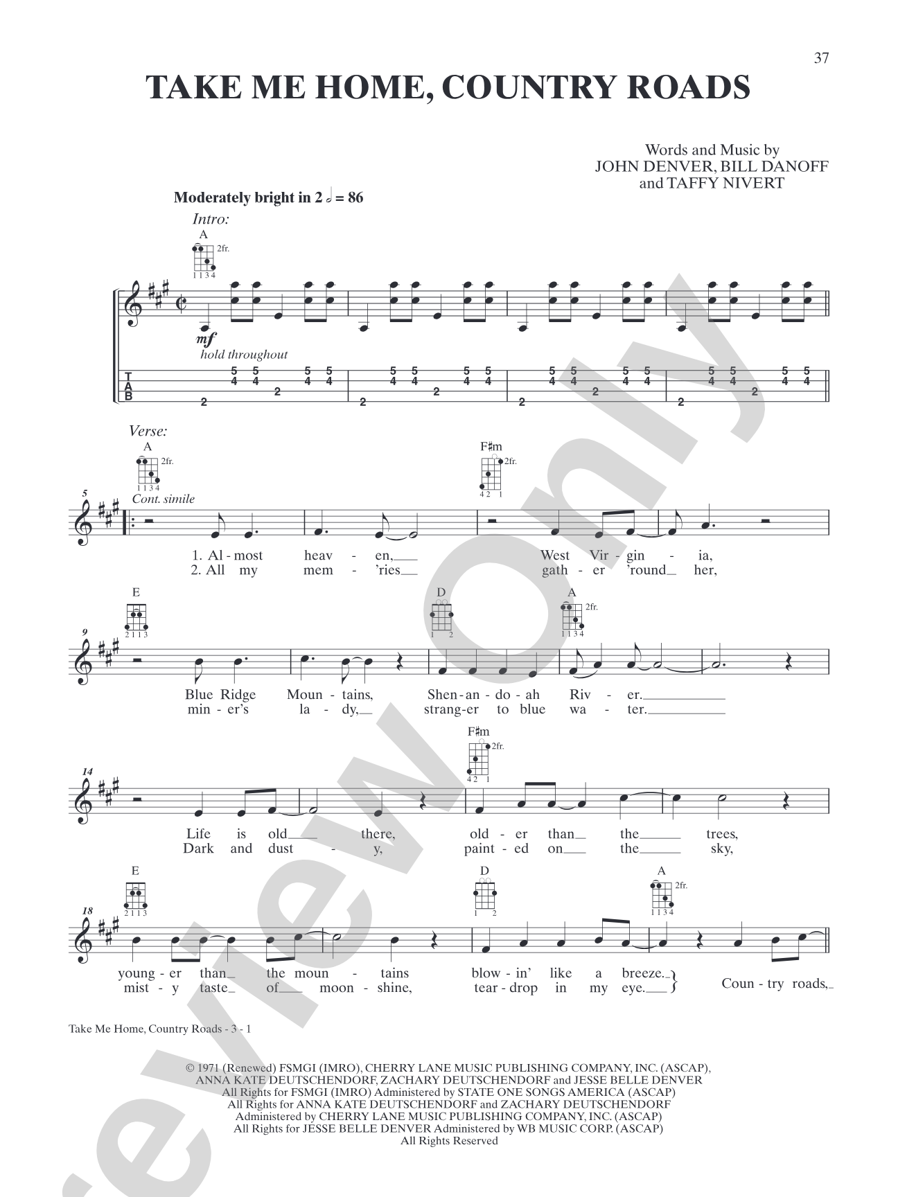 Take Me Home, Country Roads: Mandolin TAB
