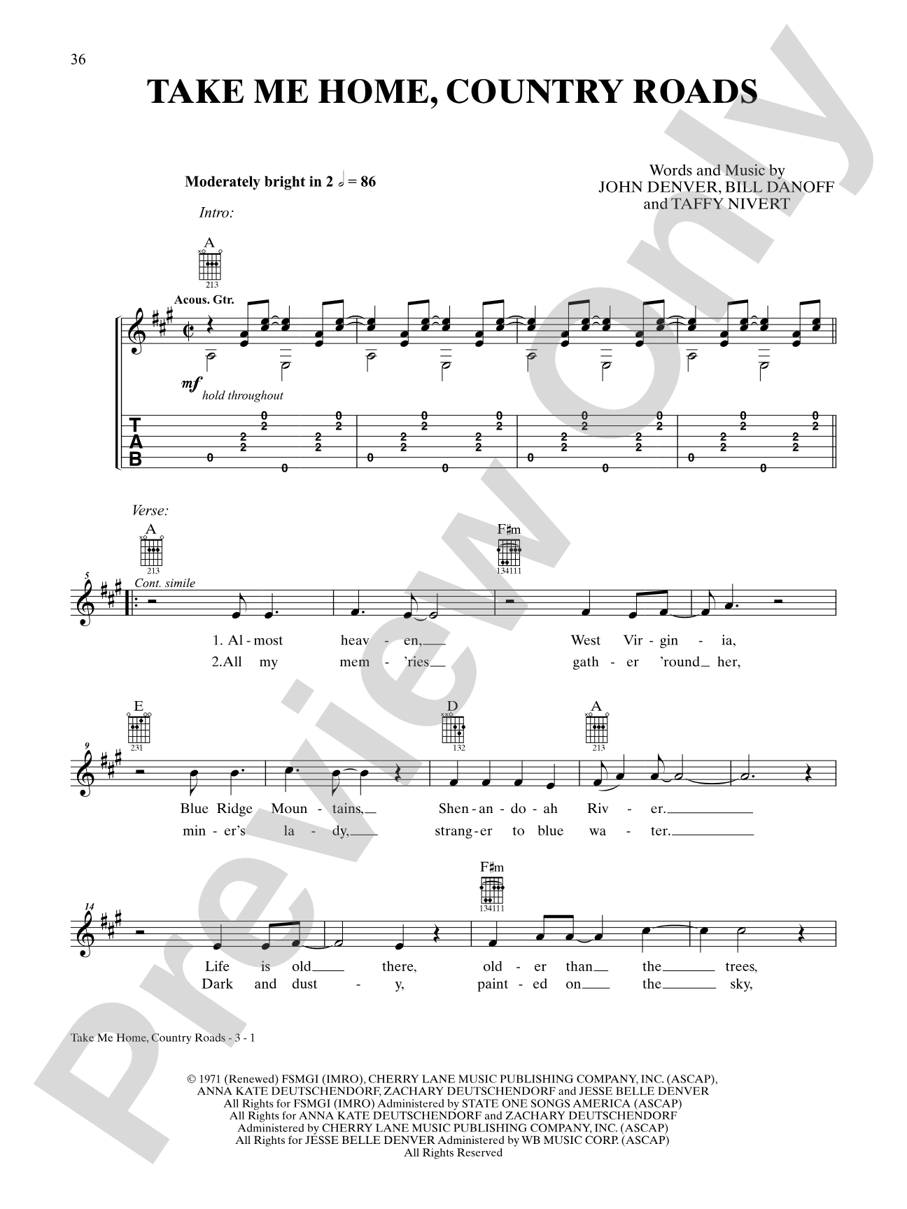 Take Me Home, Country Roads: Interm./Easy Guitar TAB