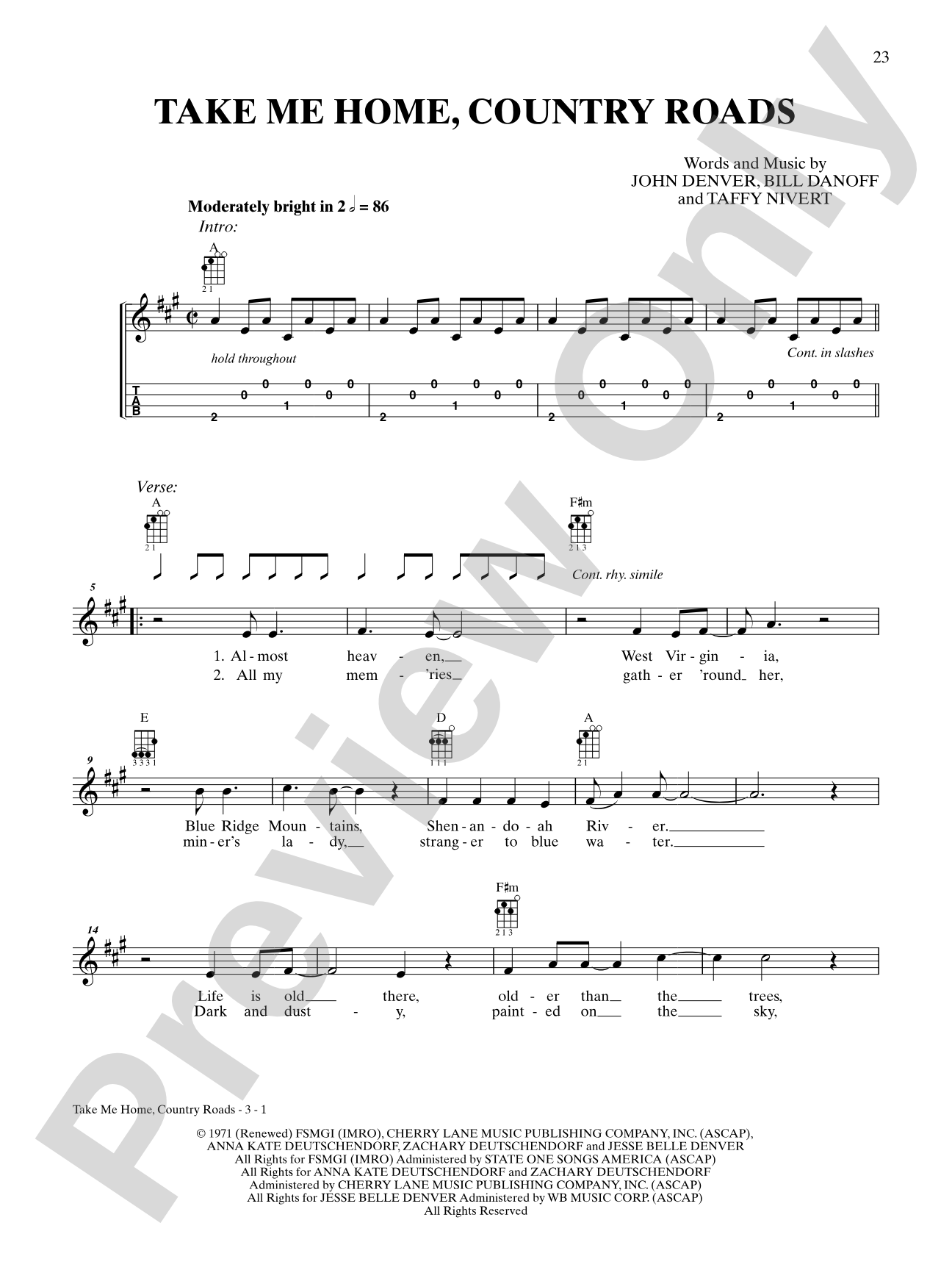 Take Me Home, Country Roads: Ukulele TAB