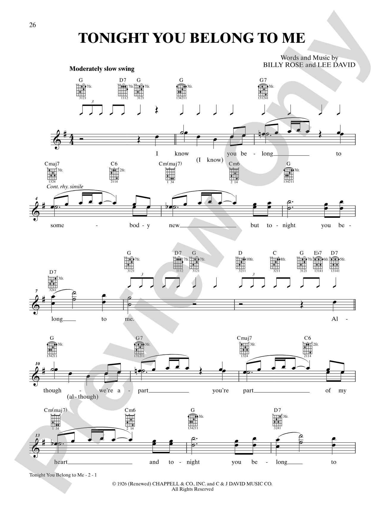 Tonight You Belong to Me: Interm./Easy Guitar TAB