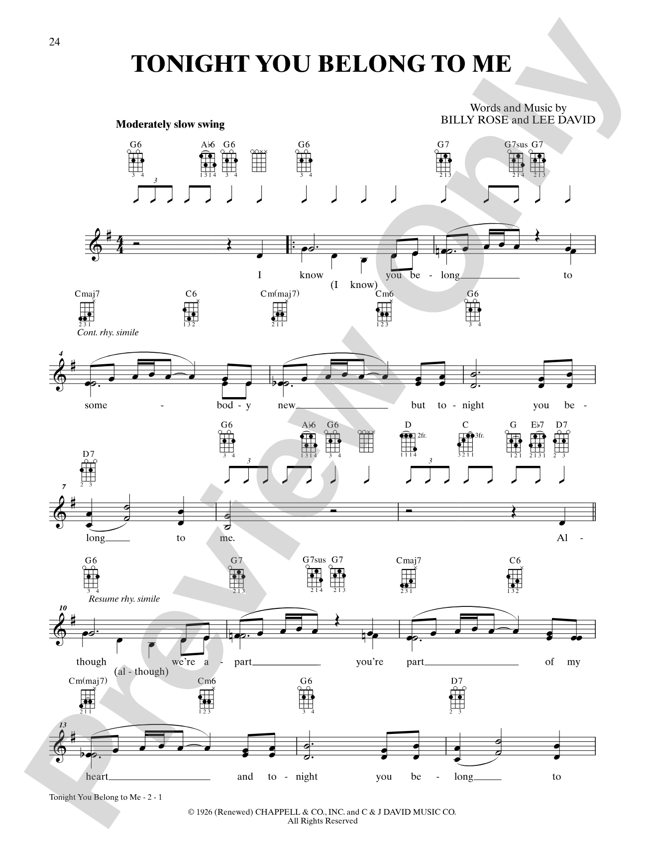 Tonight You Belong to Me: Ukulele TAB