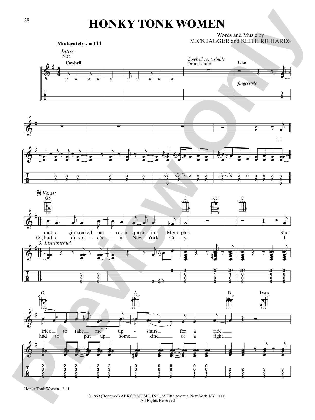 Honky Tonk Women: Ukulele TAB