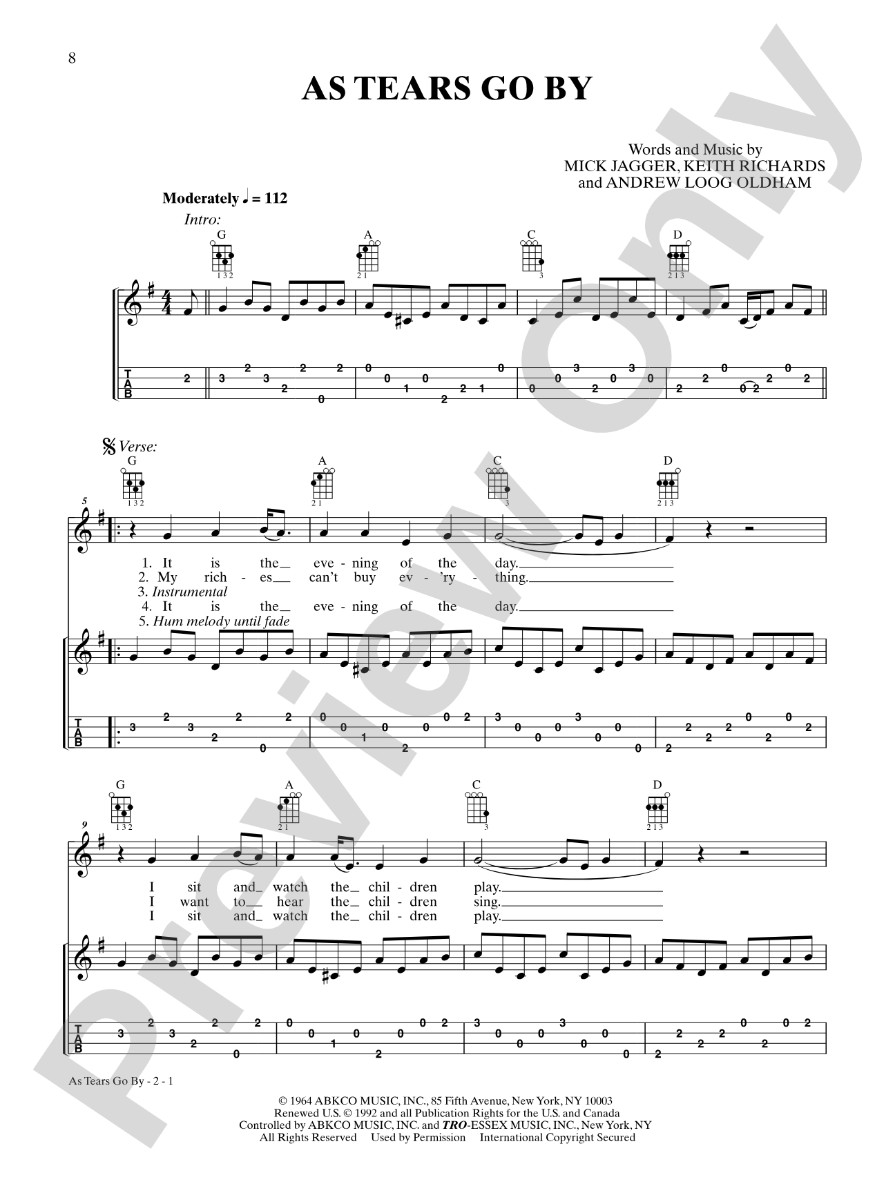 As Tears Go By: Ukulele TAB
