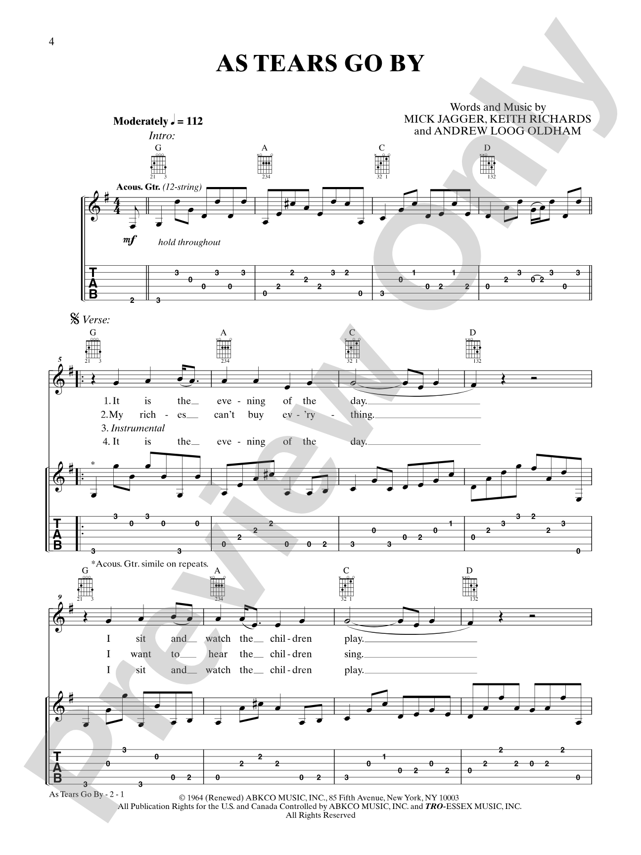 As Tears Go By: Interm./Easy Guitar TAB