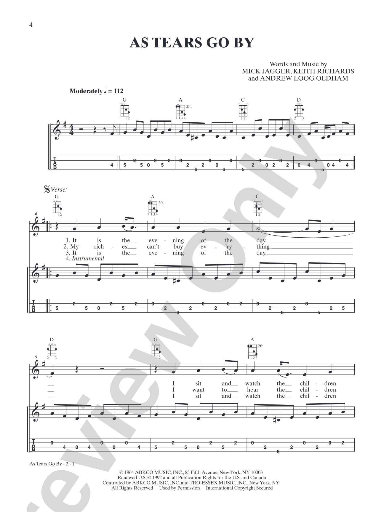 As Tears Go By: Mandolin TAB