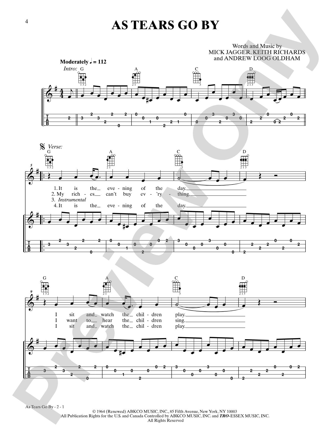 As Tears Go By: Ukulele TAB