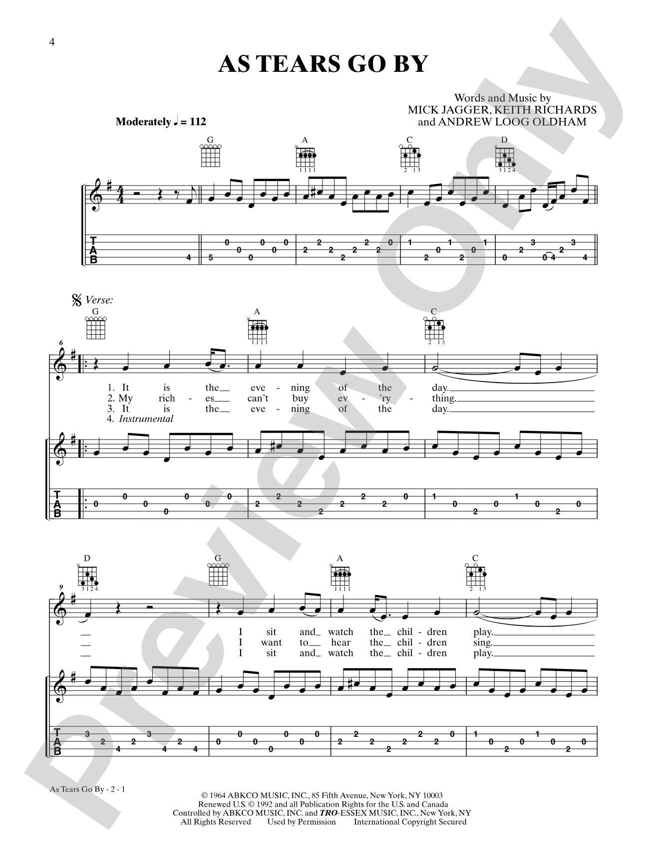 As Tears Go By: Banjo TAB