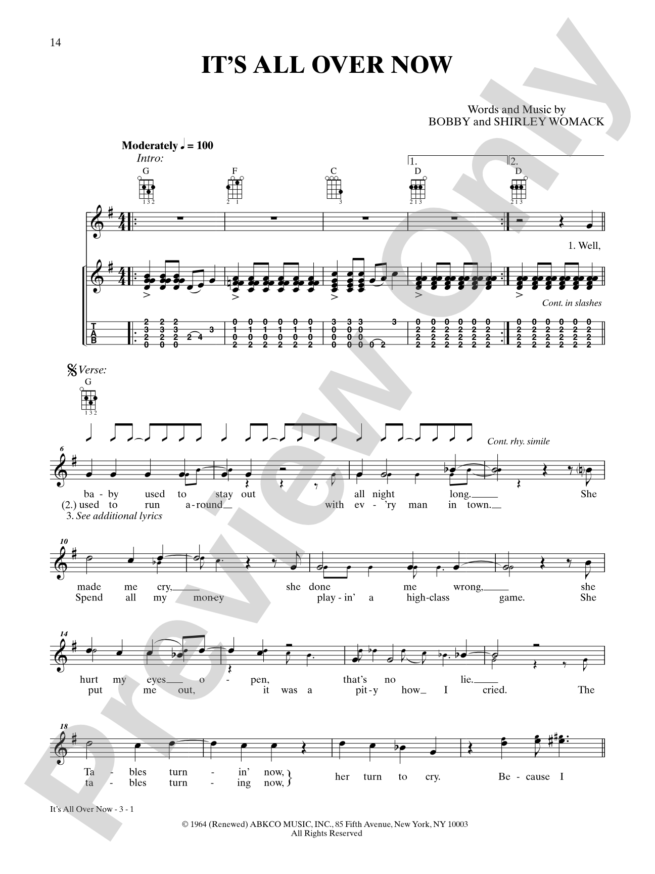 It's All Over Now: Ukulele TAB