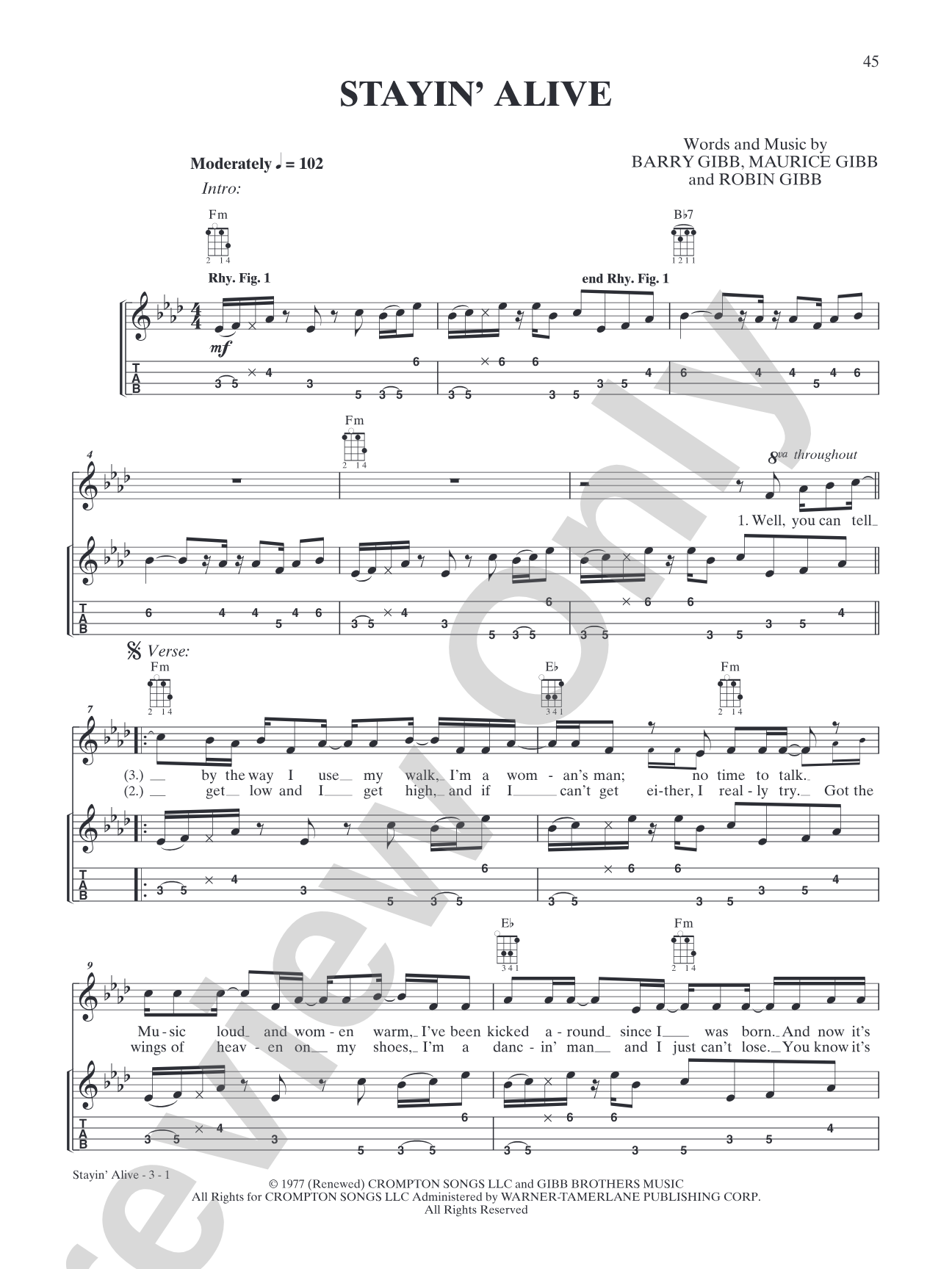 Stayin' Alive: Ukulele TAB