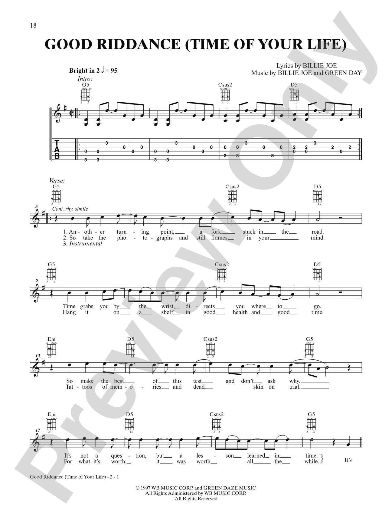 Good Riddance (Time of Your Life): Interm./Easy Guitar TAB