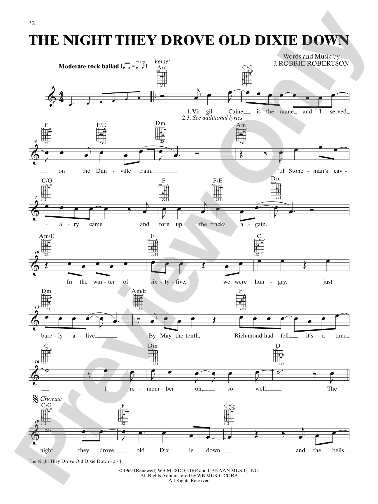 The Night They Drove Old Dixie Down: Interm./Easy Guitar TAB