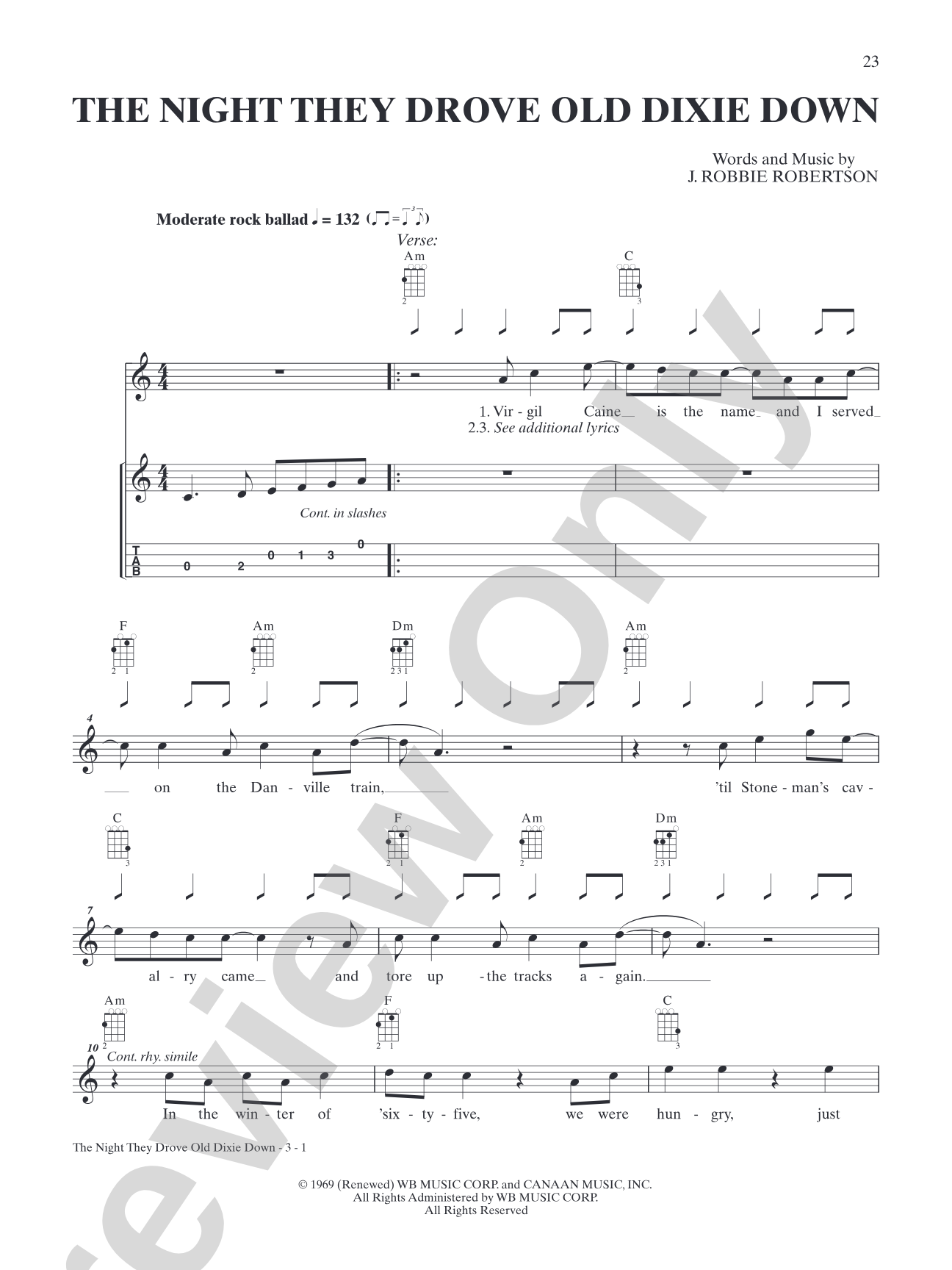 The Night They Drove Old Dixie Down: Ukulele TAB