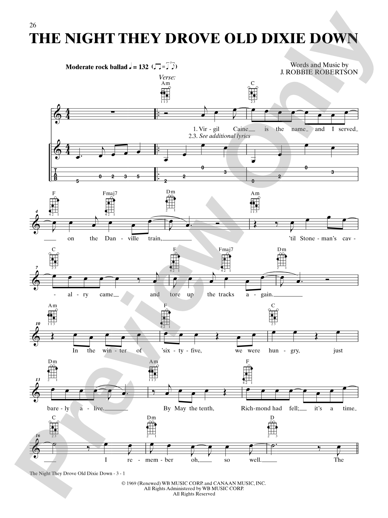 The Night They Drove Old Dixie Down: Mandolin TAB
