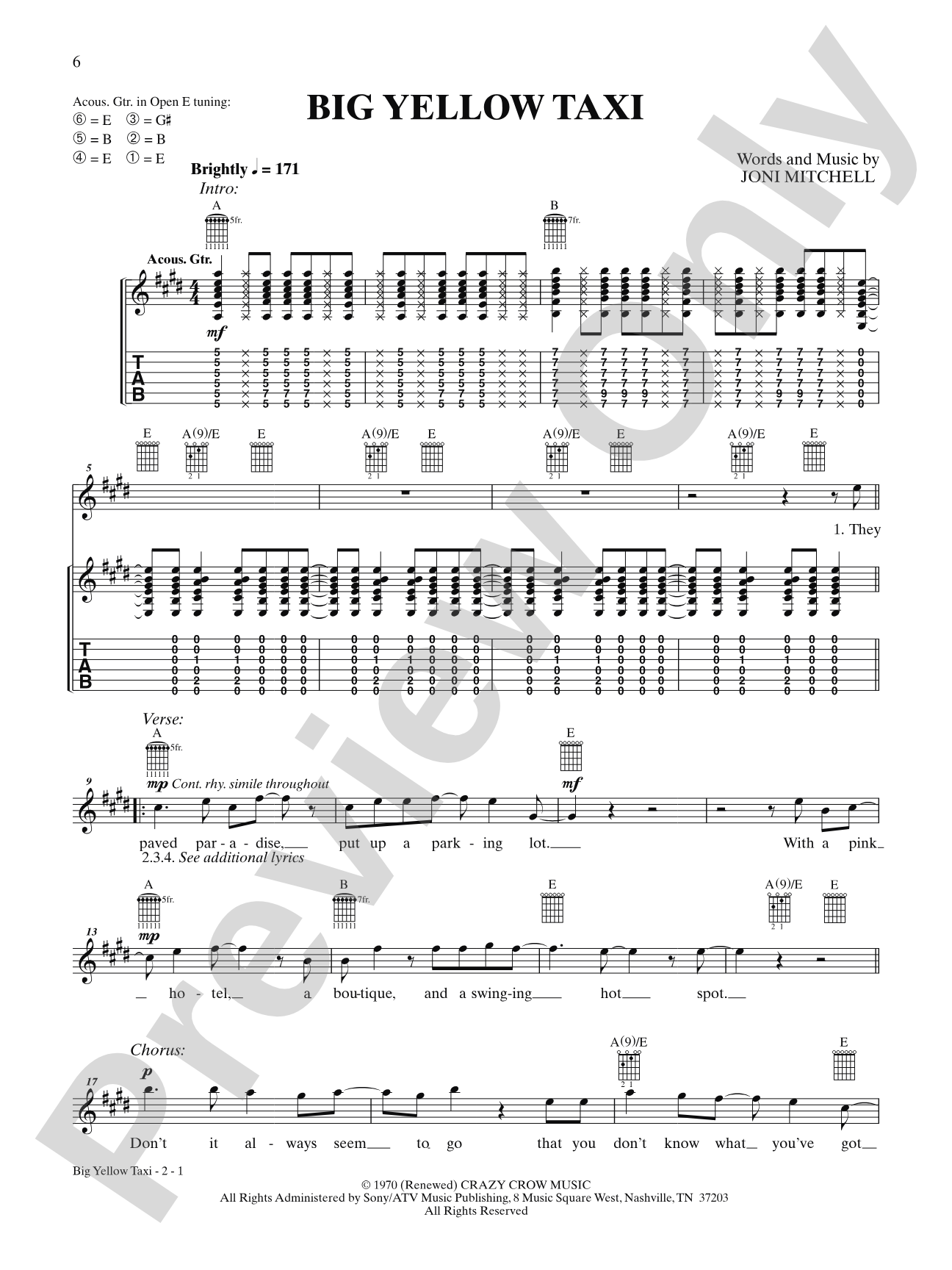 Big Yellow Taxi: Interm./Easy Guitar TAB