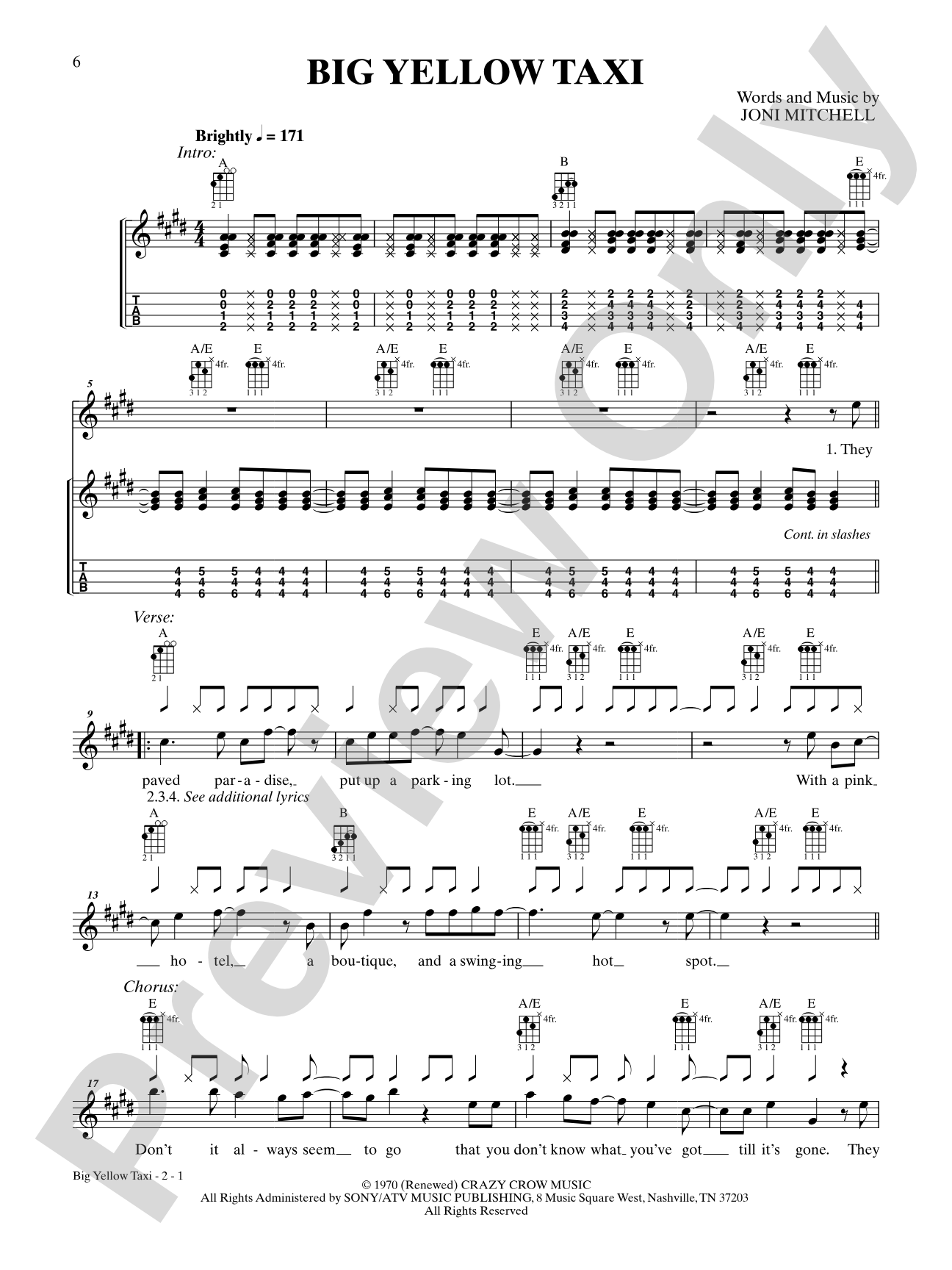 Big Yellow Taxi: Ukulele TAB