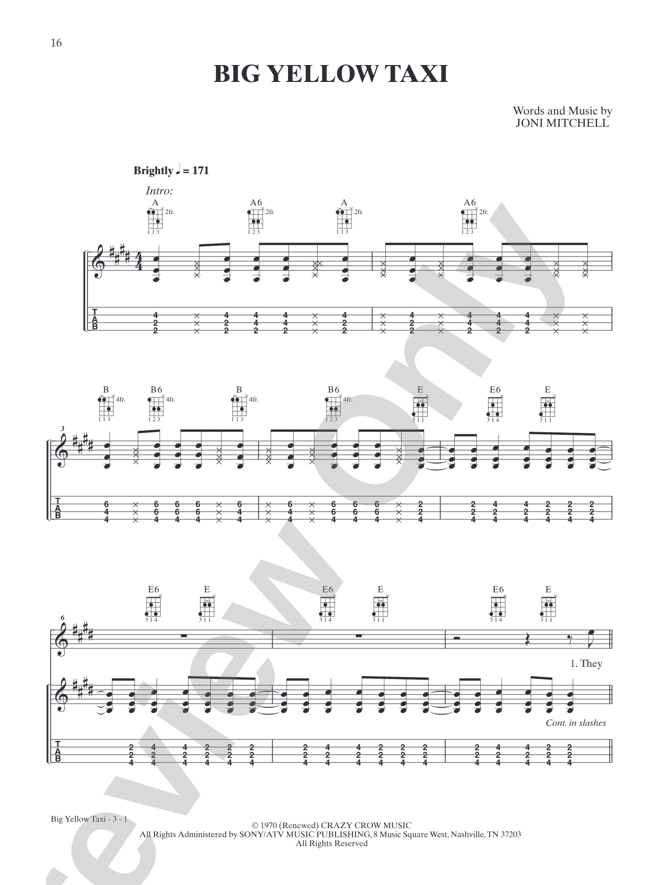 Big Yellow Taxi: Mandolin TAB