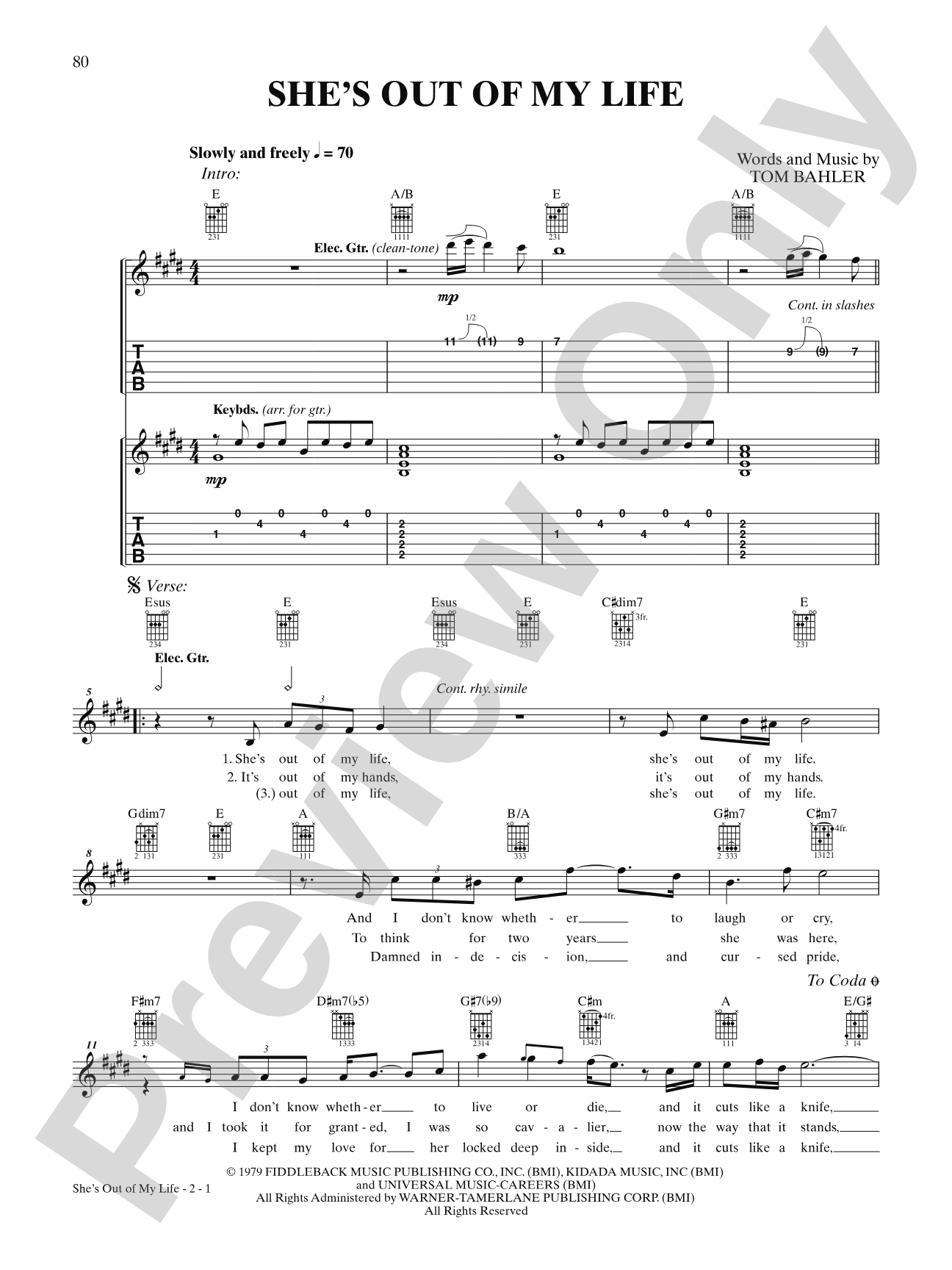 She's Out of My Life: Interm./Easy Guitar TAB