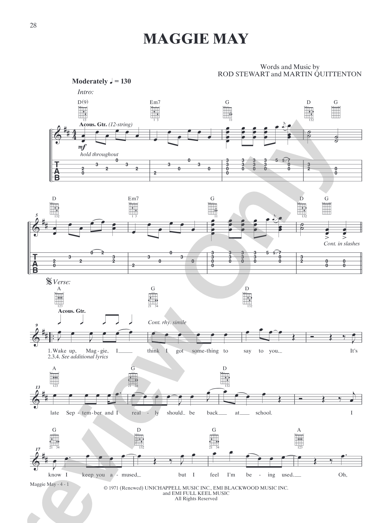 Maggie May: Interm./Easy Guitar TAB