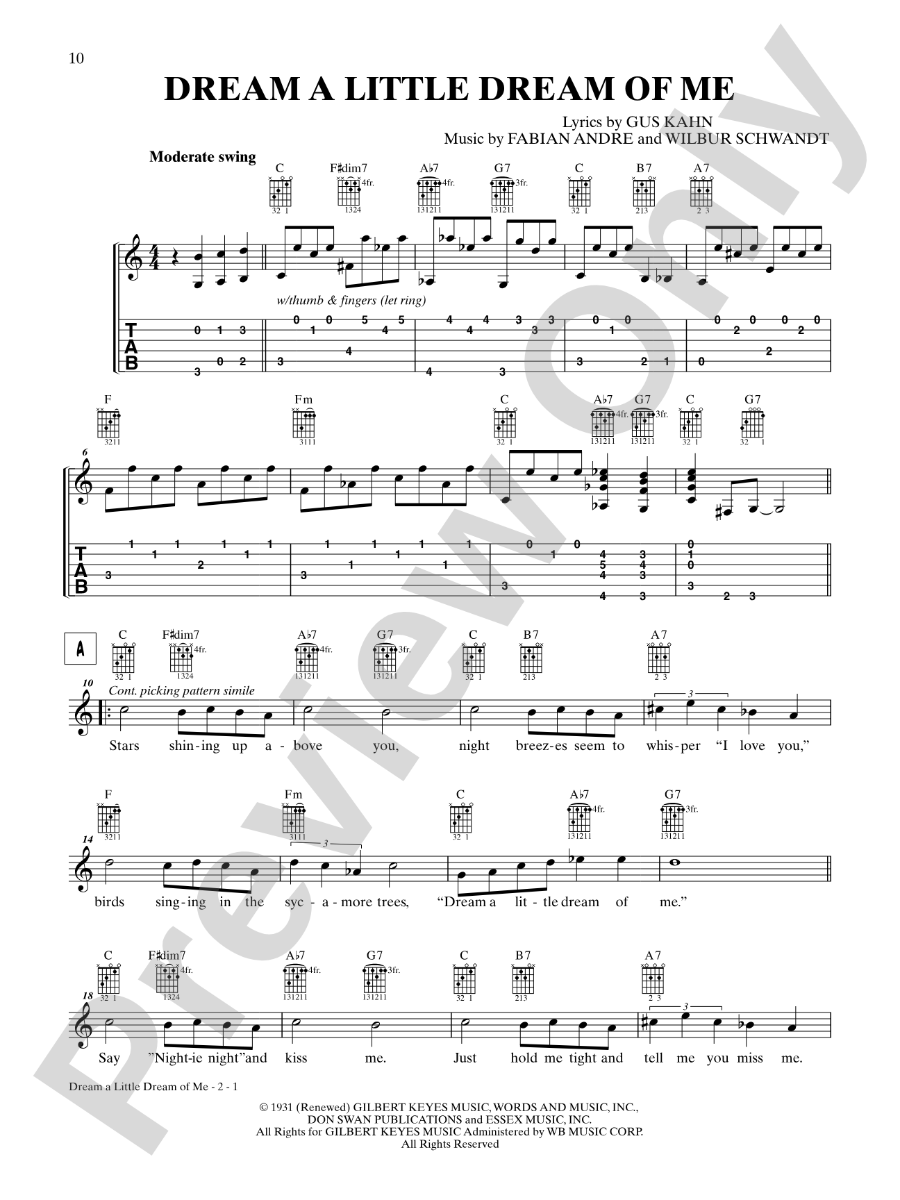 Dream a Little Dream of Me: Interm./Easy Guitar TAB
