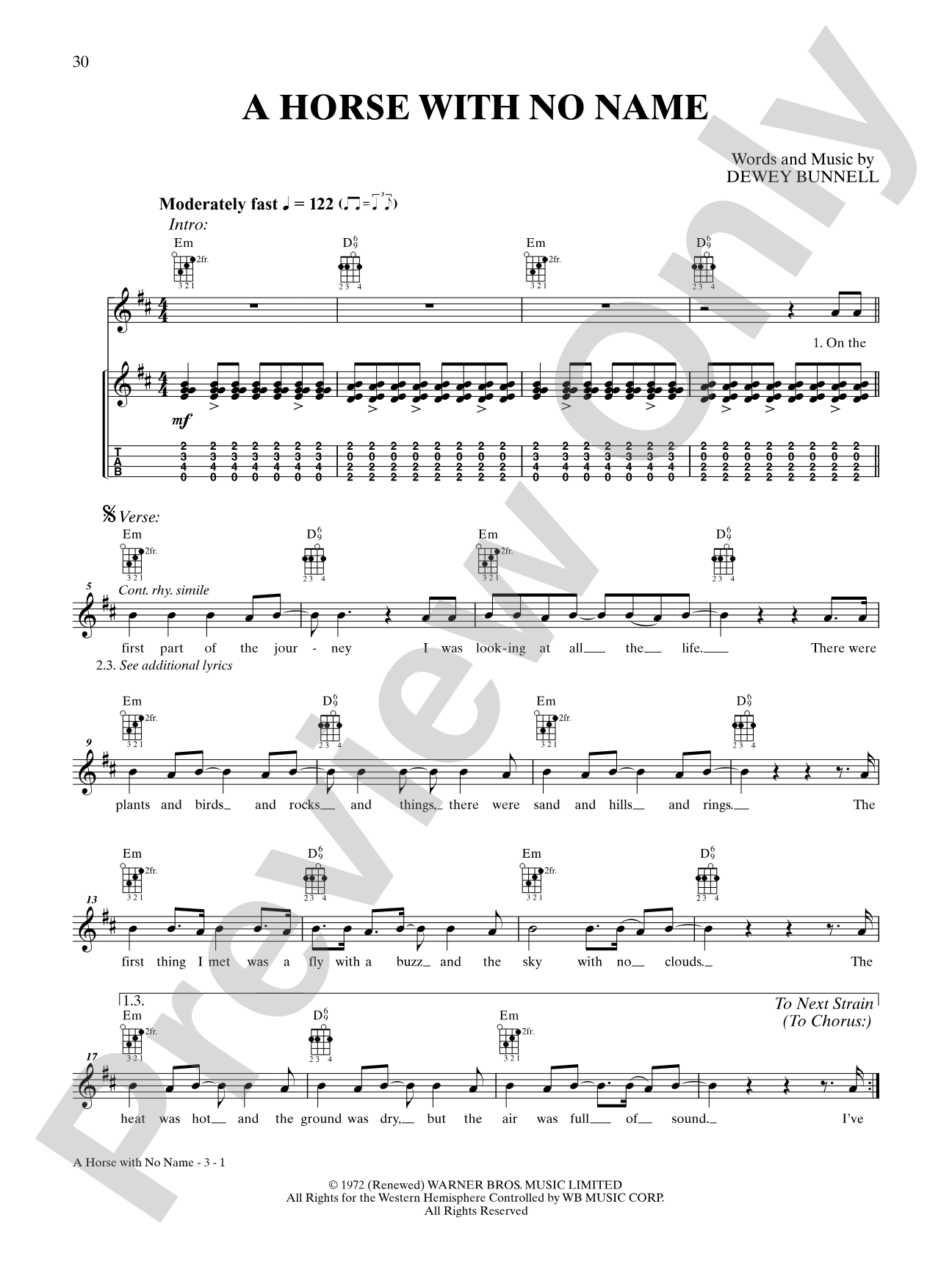 Horse With No Name: Ukulele TAB
