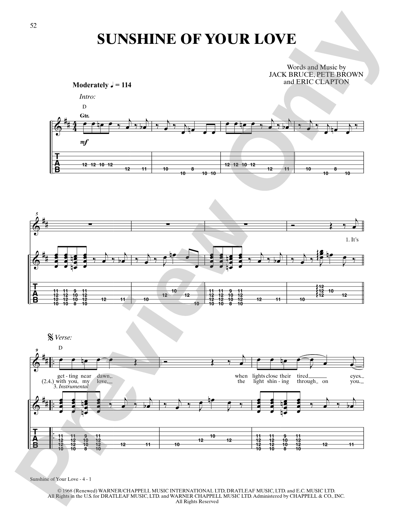 Sunshine of Your Love: Interm./Easy Guitar TAB