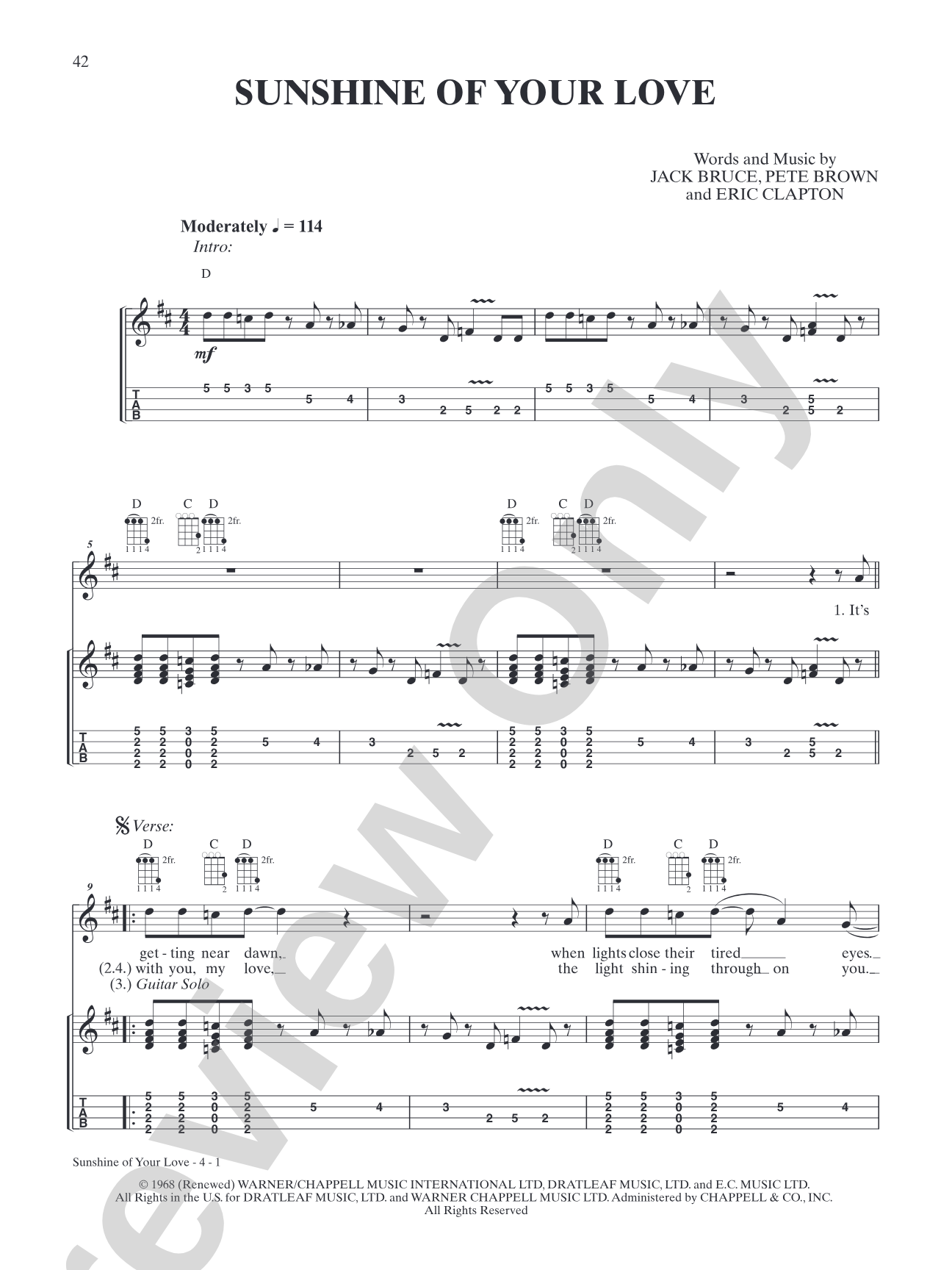 Sunshine of Your Love: Ukulele TAB