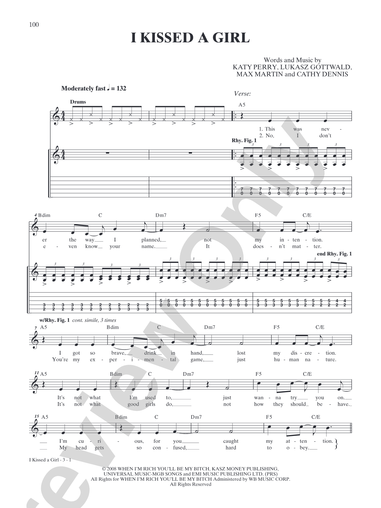 I Kissed a Girl: Authentic Guitar TAB