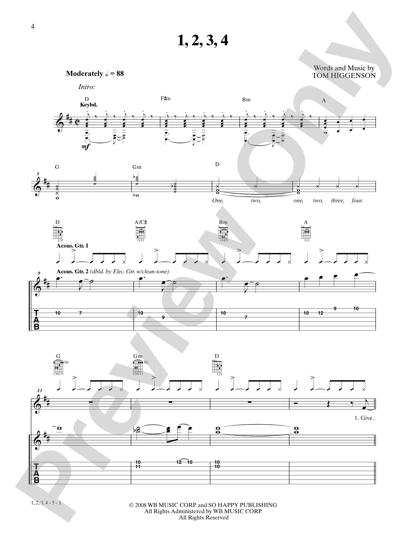 1, 2, 3, 4: Authentic Guitar TAB