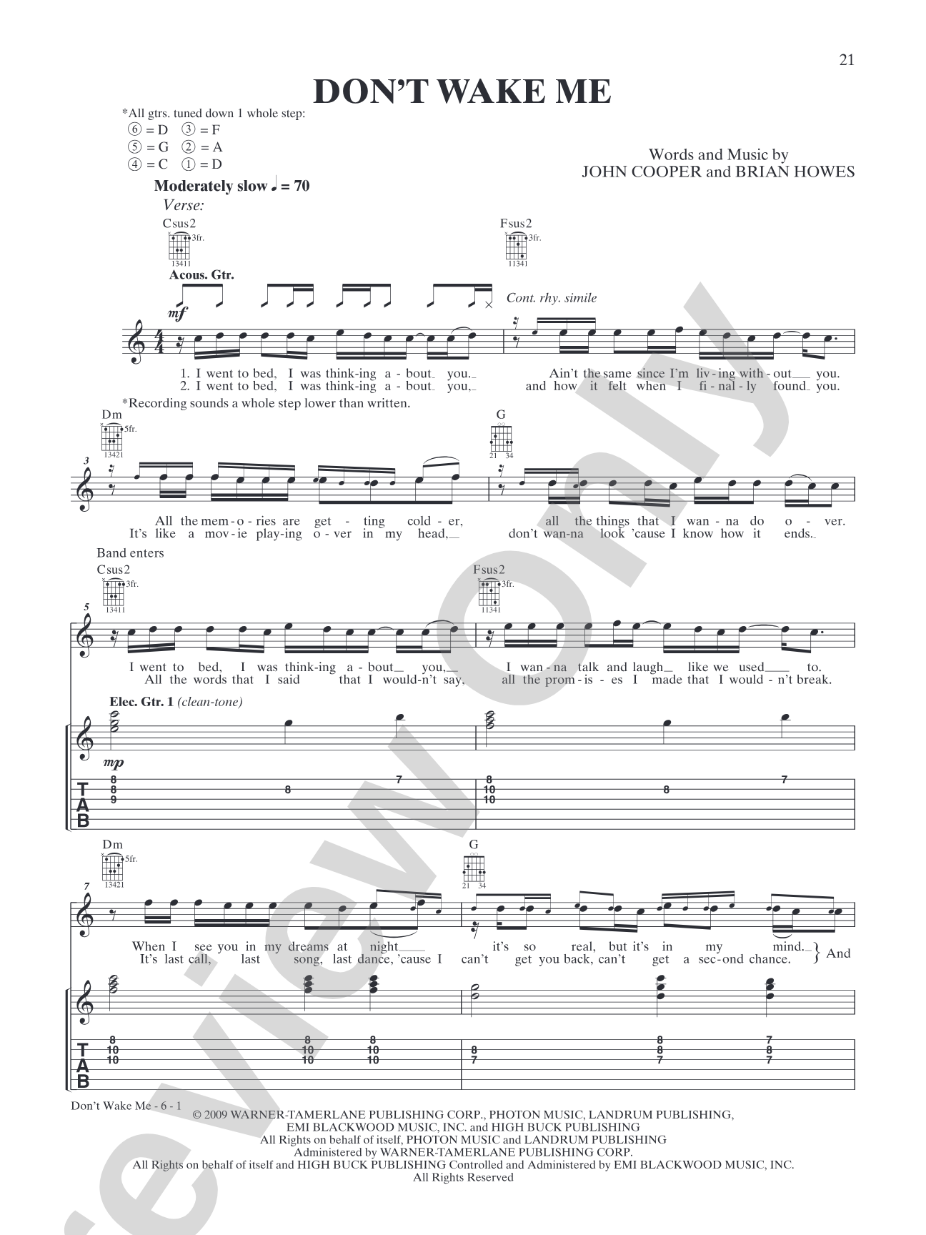 Don't Wake Me: Authentic Guitar TAB