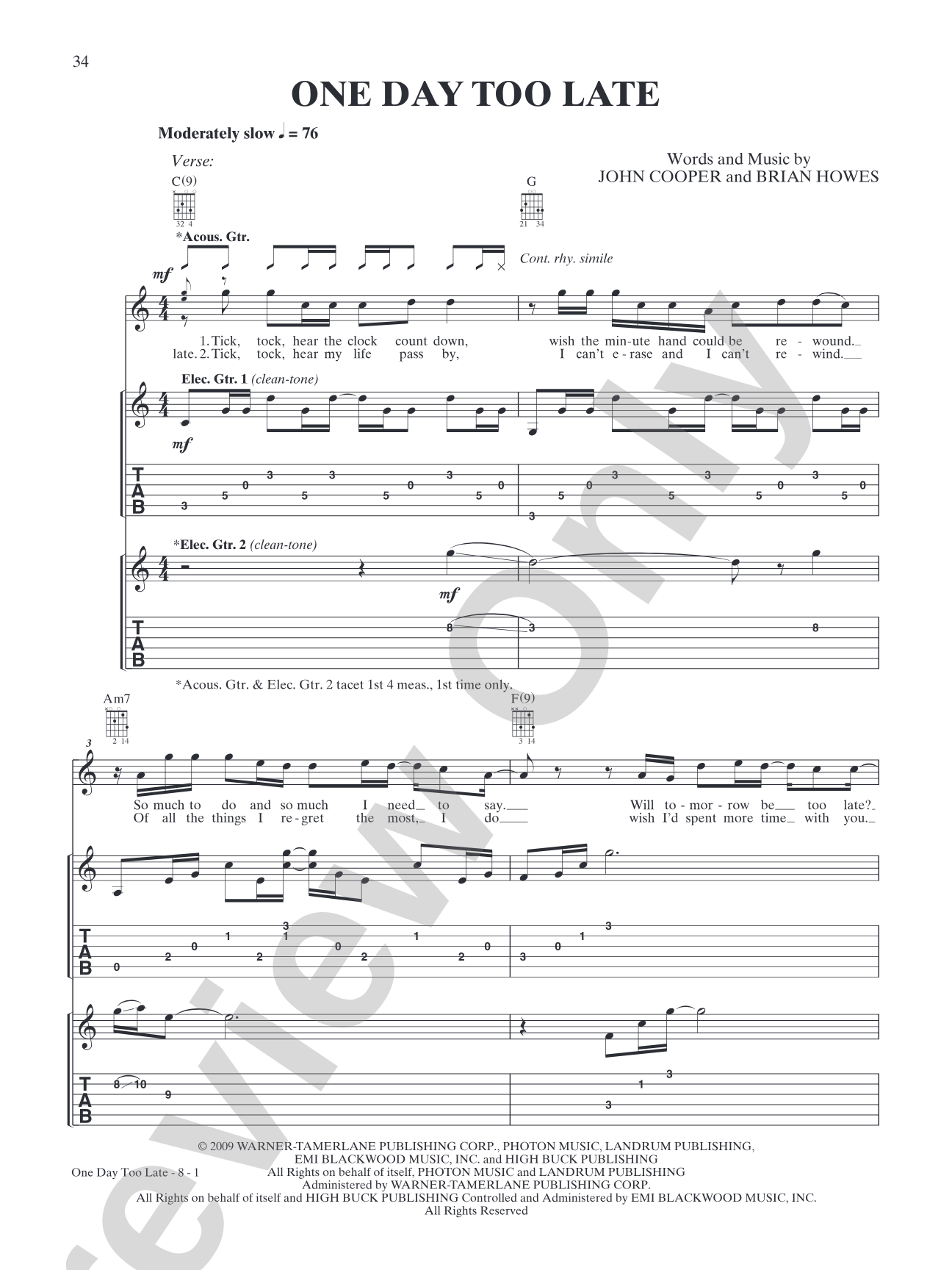 One Day Too Late: Authentic Guitar TAB