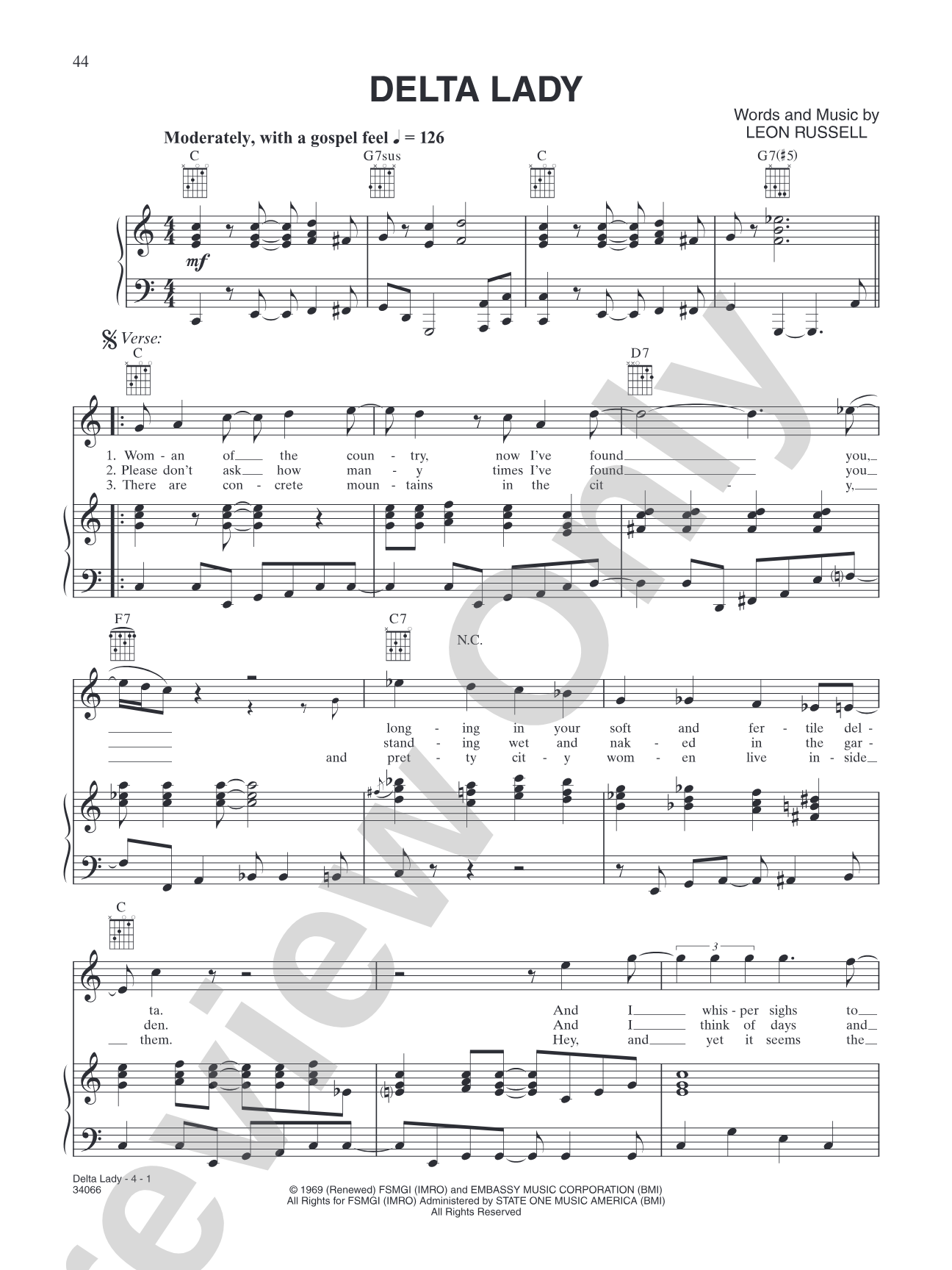 Delta Lady: Piano/Vocal/Chords