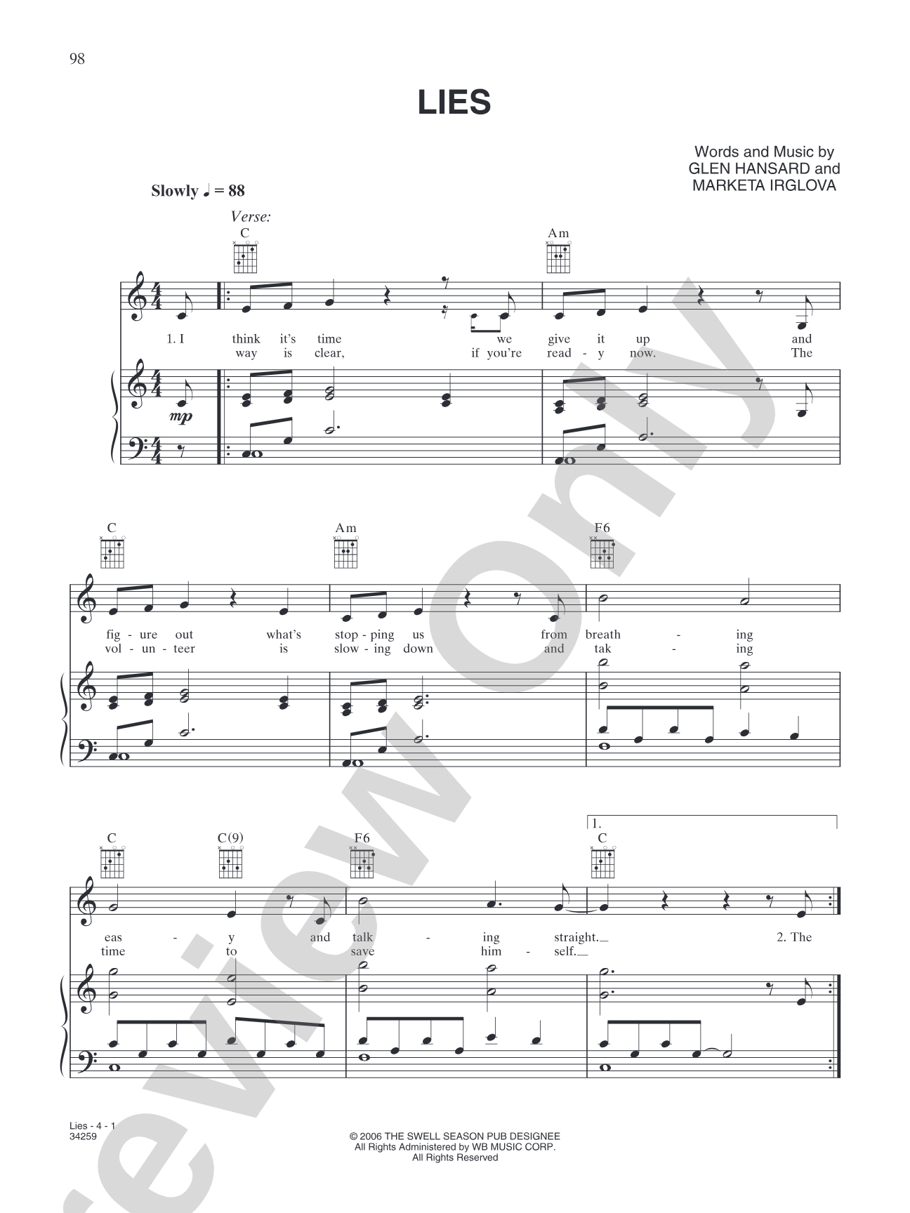 Lies (from "Once"): Piano/Vocal/Chords