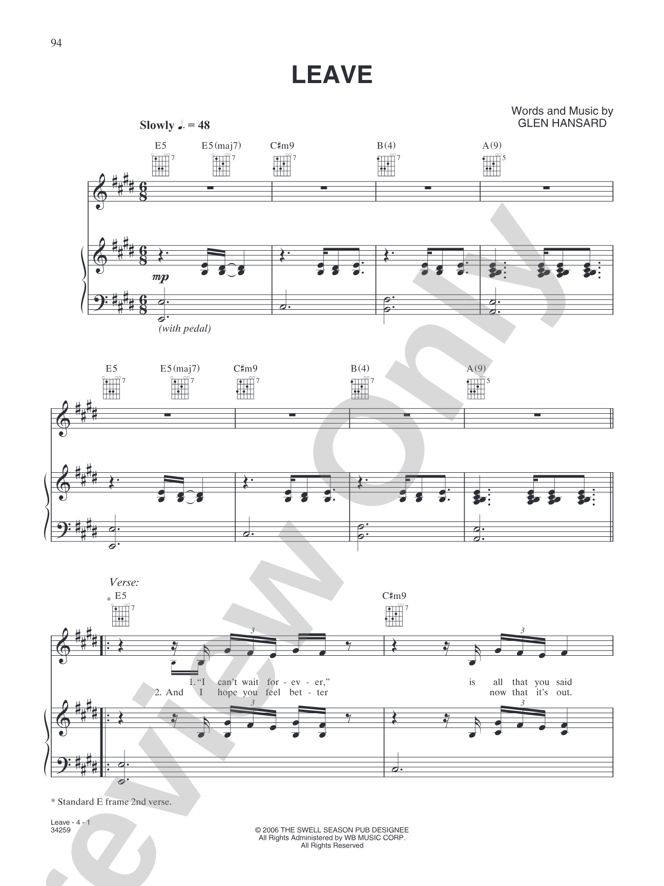 Leave (from "Once"): Piano/Vocal/Chords