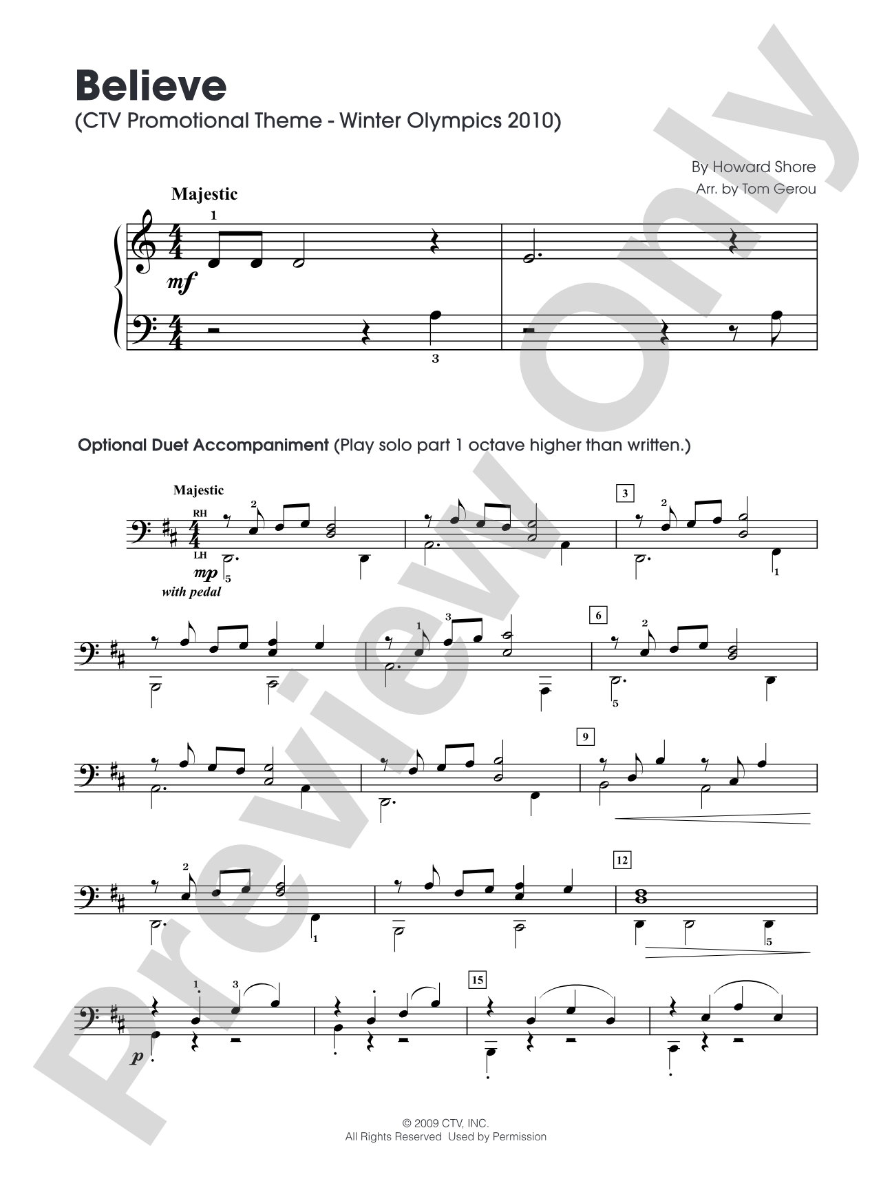 Believe(CTV Promotional Theme - Winter Olympics 2010): Five Finger Piano Digital Sheet Music
