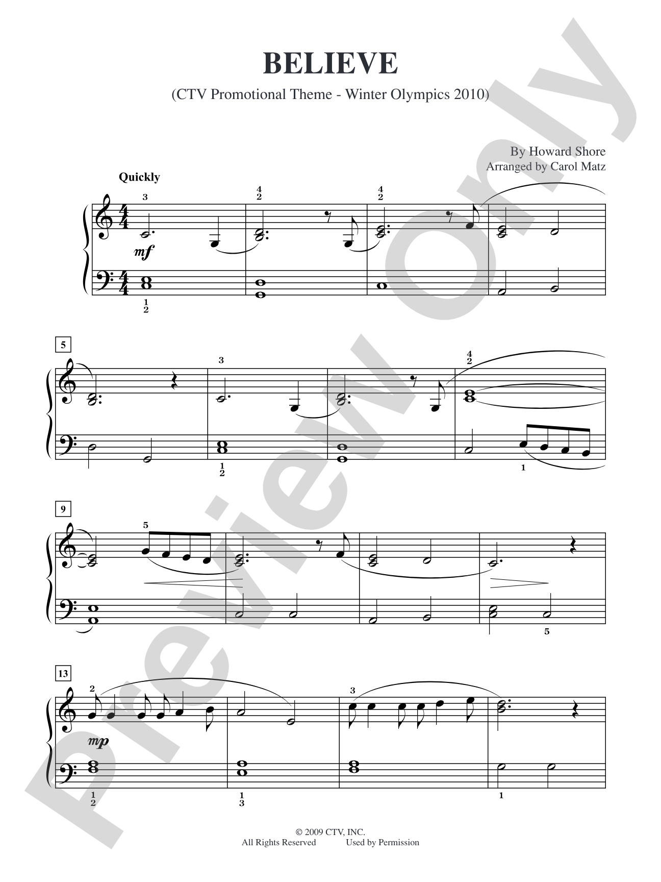 Believe(CTV Promotional Theme - Winter Olympics 2010): Big Note Piano Digital Sheet Music