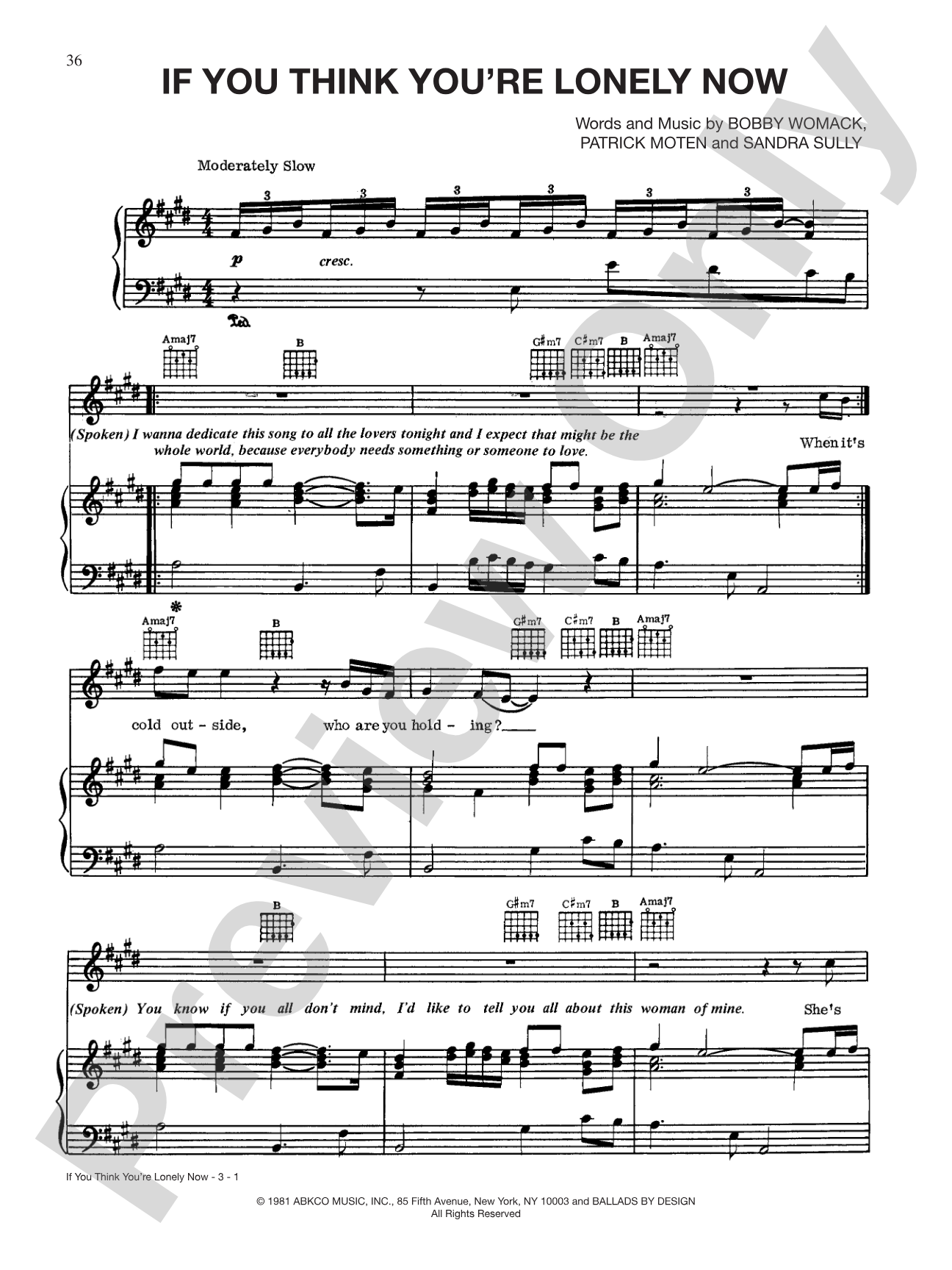 If You Think You're Lonely Now: Piano/Vocal/Chords