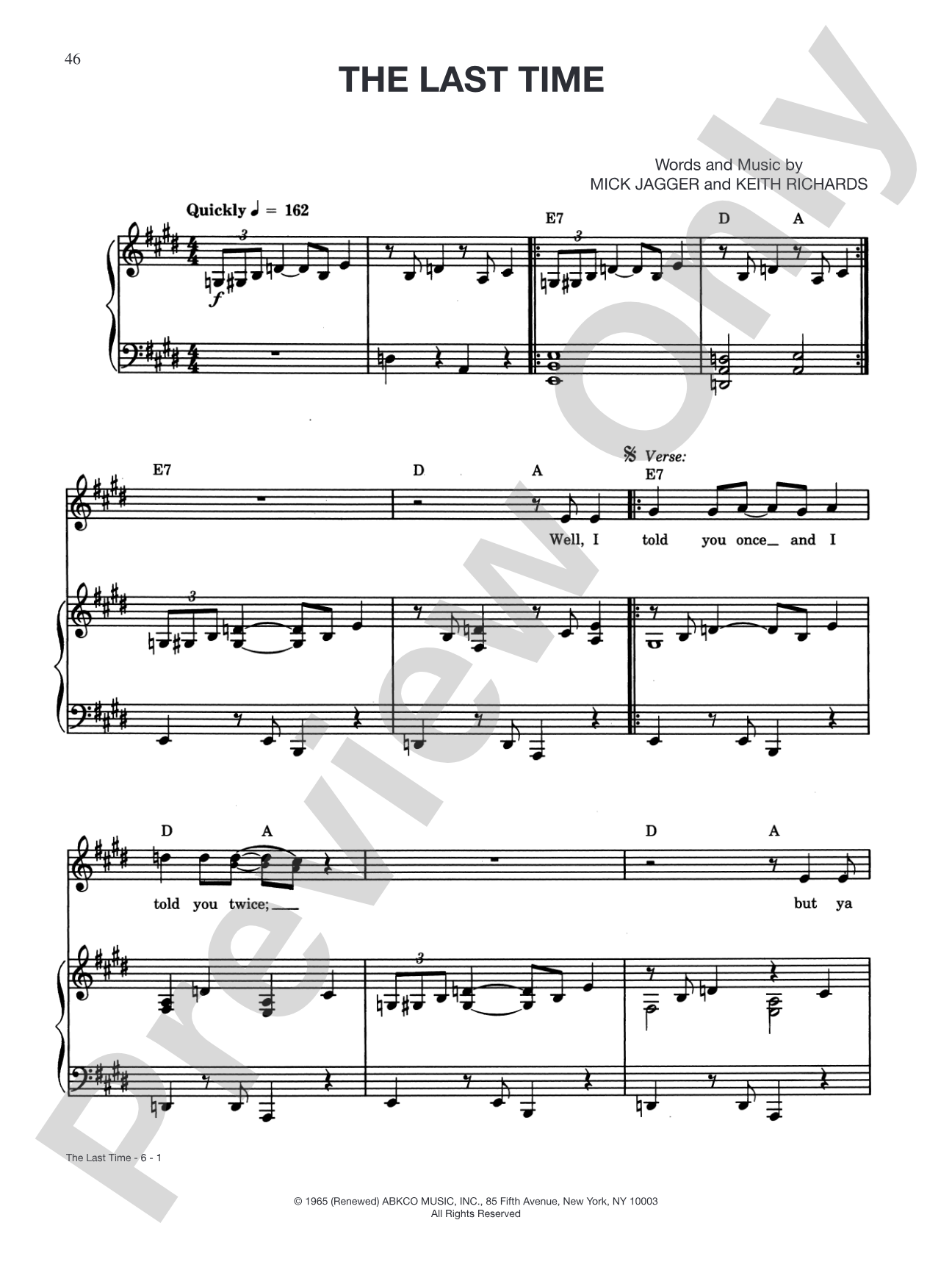 The Last Time: Piano/Vocal/Chords