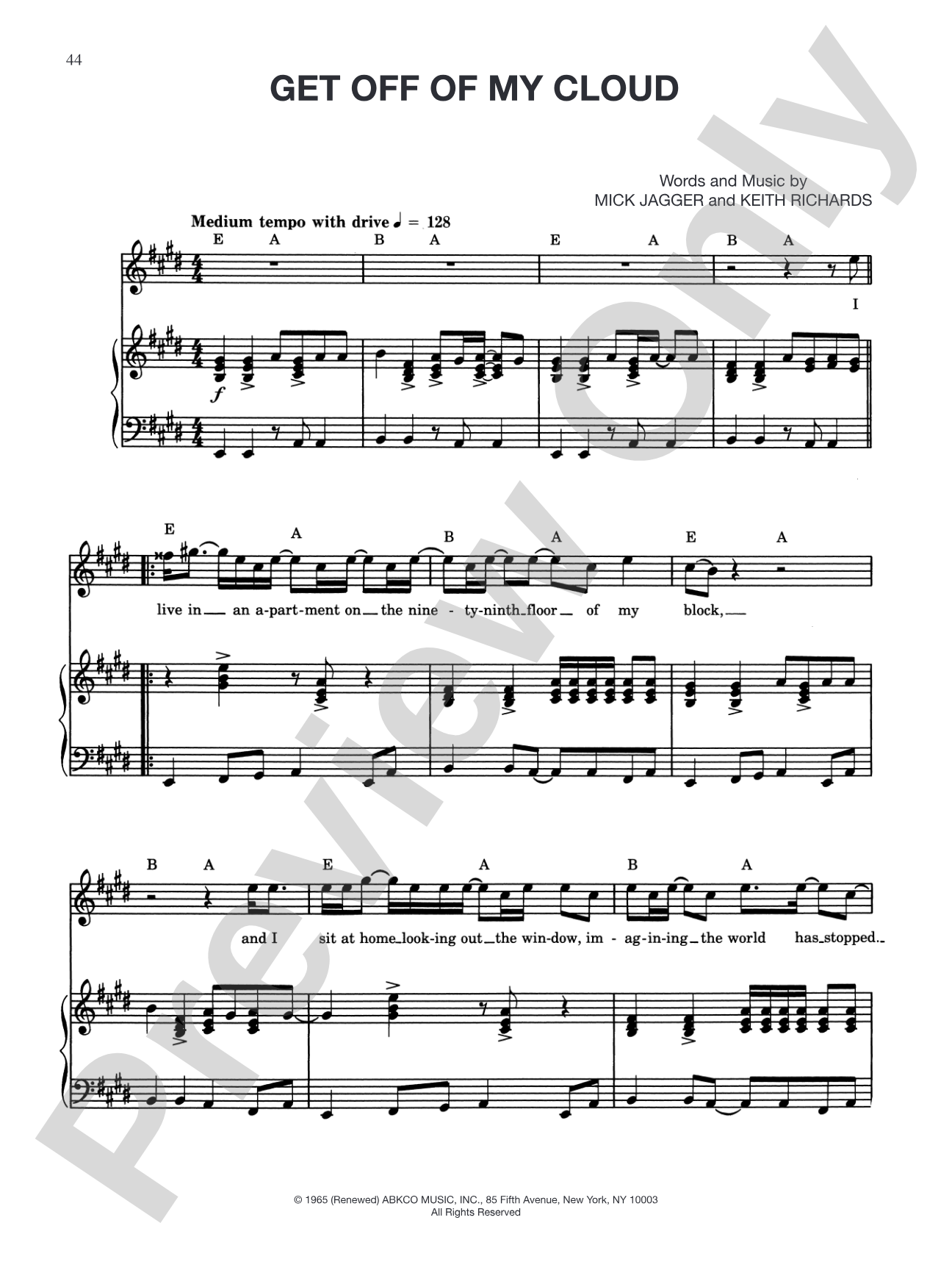Get Off of My Cloud: Piano/Vocal/Chords