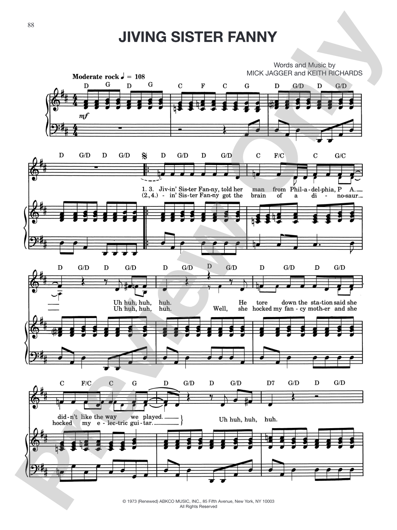 Jiving Sister Fanny: Piano/Vocal/Chords