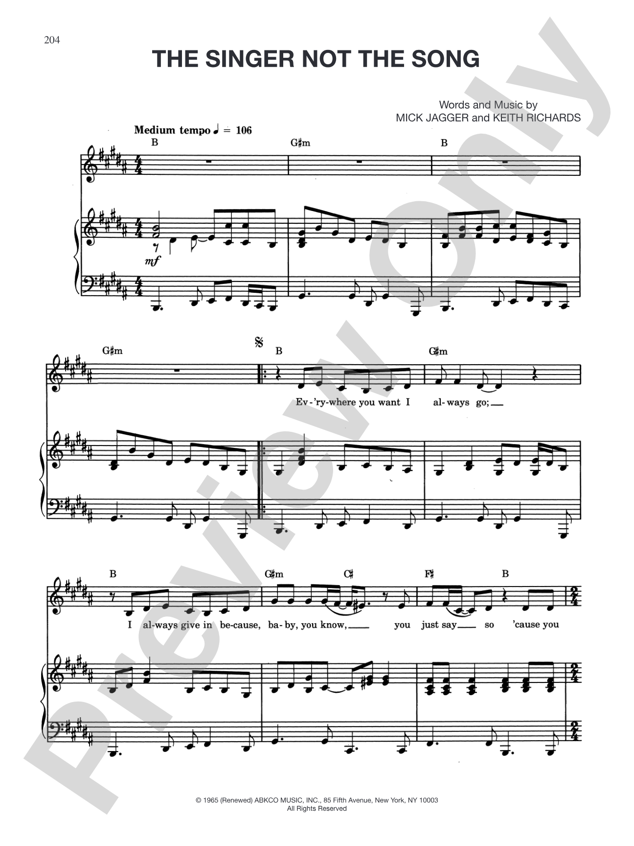 The Singer Not the Song: Piano/Vocal/Chords