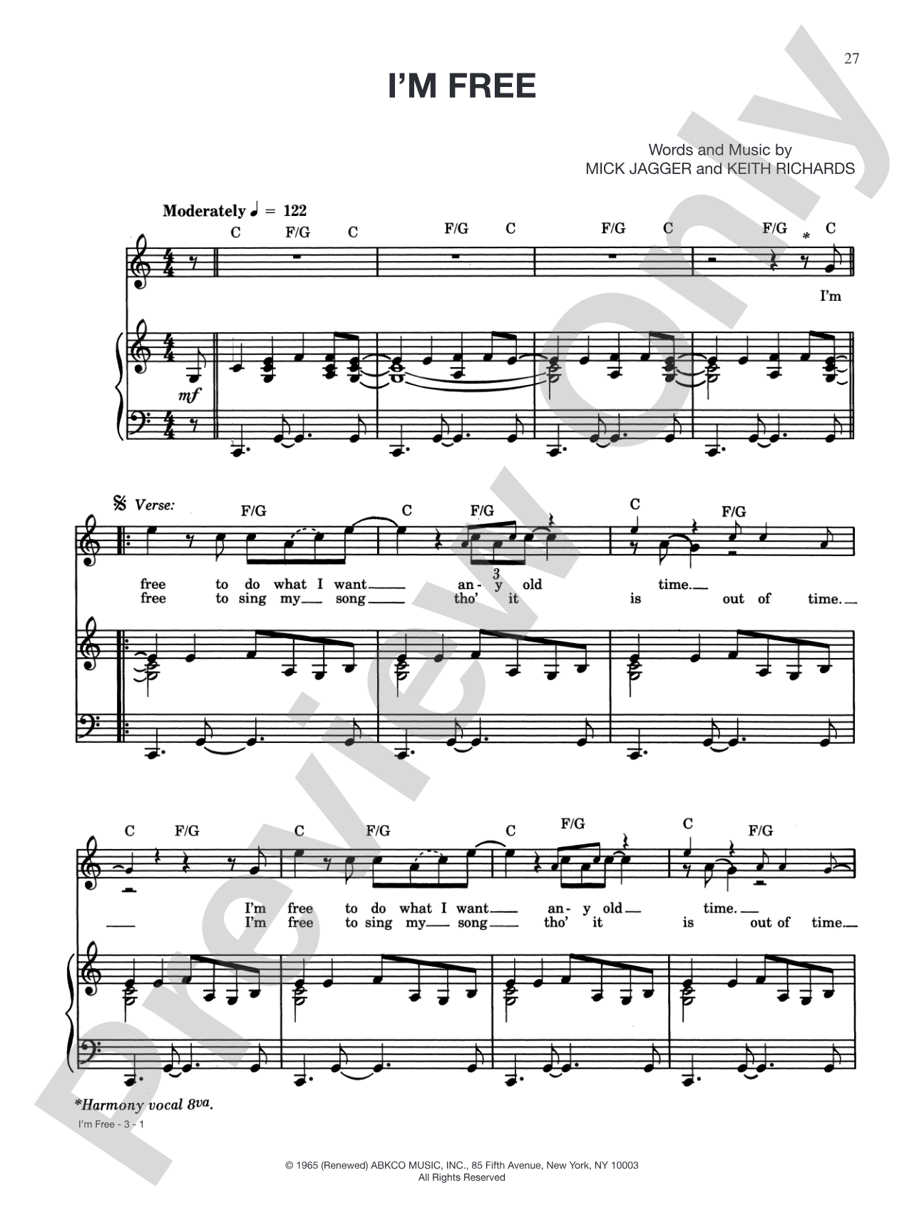I'm Free: Piano/Vocal/Chords